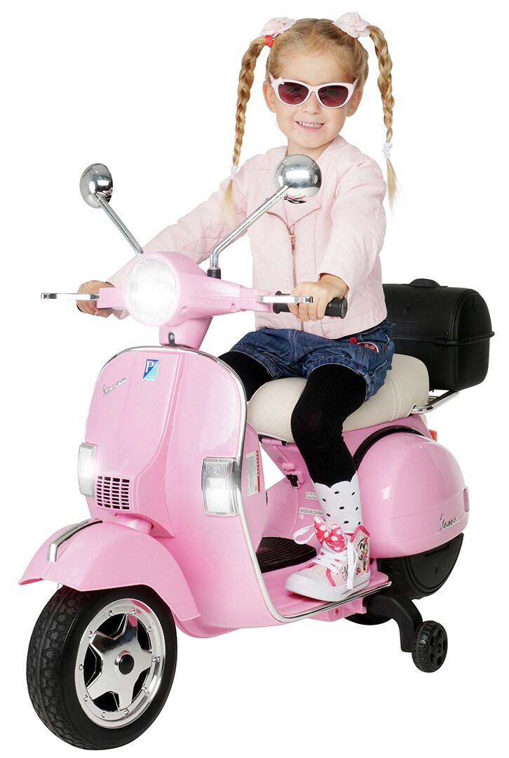 Kinder-Elektroroller Vespa, lizenziert, EVA-Reifen, LED-Scheinwerfer, Koffer, Soundmodul, Stützräder (Pink) | 04056551065292