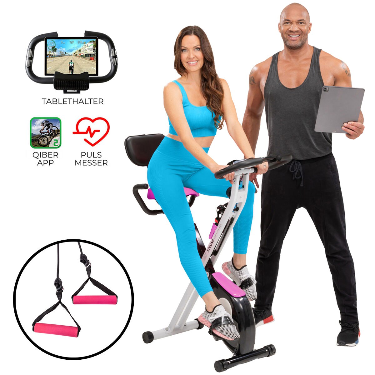 Miweba Sports Indoor-Cycle MX100 PRO mit R&uuml;ckenlehne und ErgoGrip Griffen, klappbar (Classic, Wei&szlig;/Pink) - Bild 1