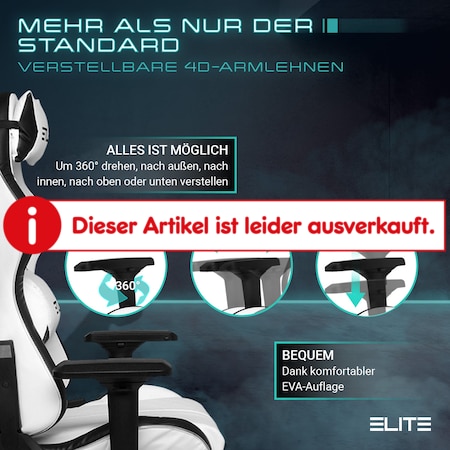 ELITE Gaming-Stuhl RESPAWN, 4D-Armlehnen, 90 Grad Rückenlehne, Kopf-/  Lendenkissen, Sitz verstellbar (LED Weiß/Schwarz)