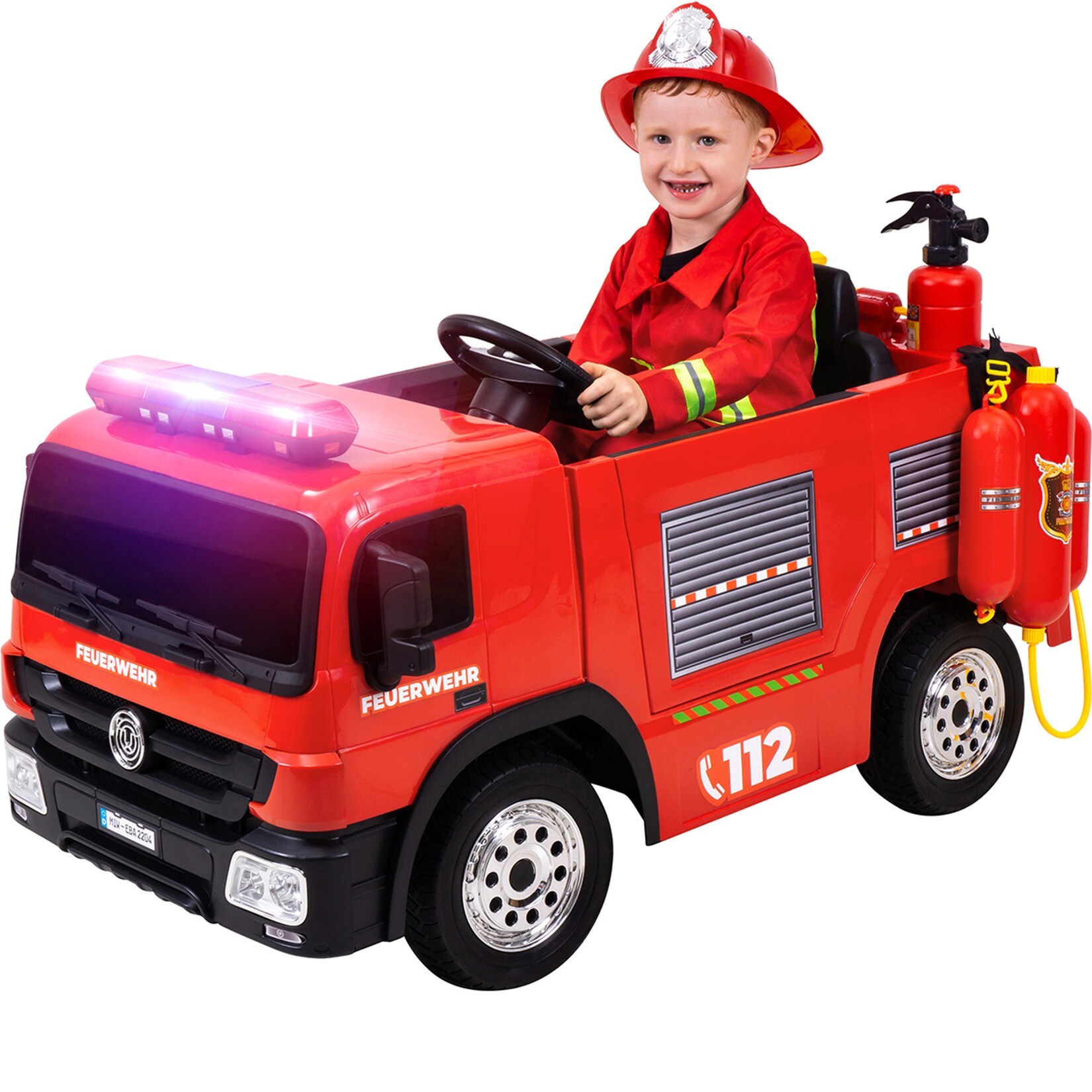 Kinder-Elektro-Feuerwehrauto SX1818, Spritze, Sirene, Blaulicht, 70 Watt, Servolenkung, Bluetooth | 04056551077998