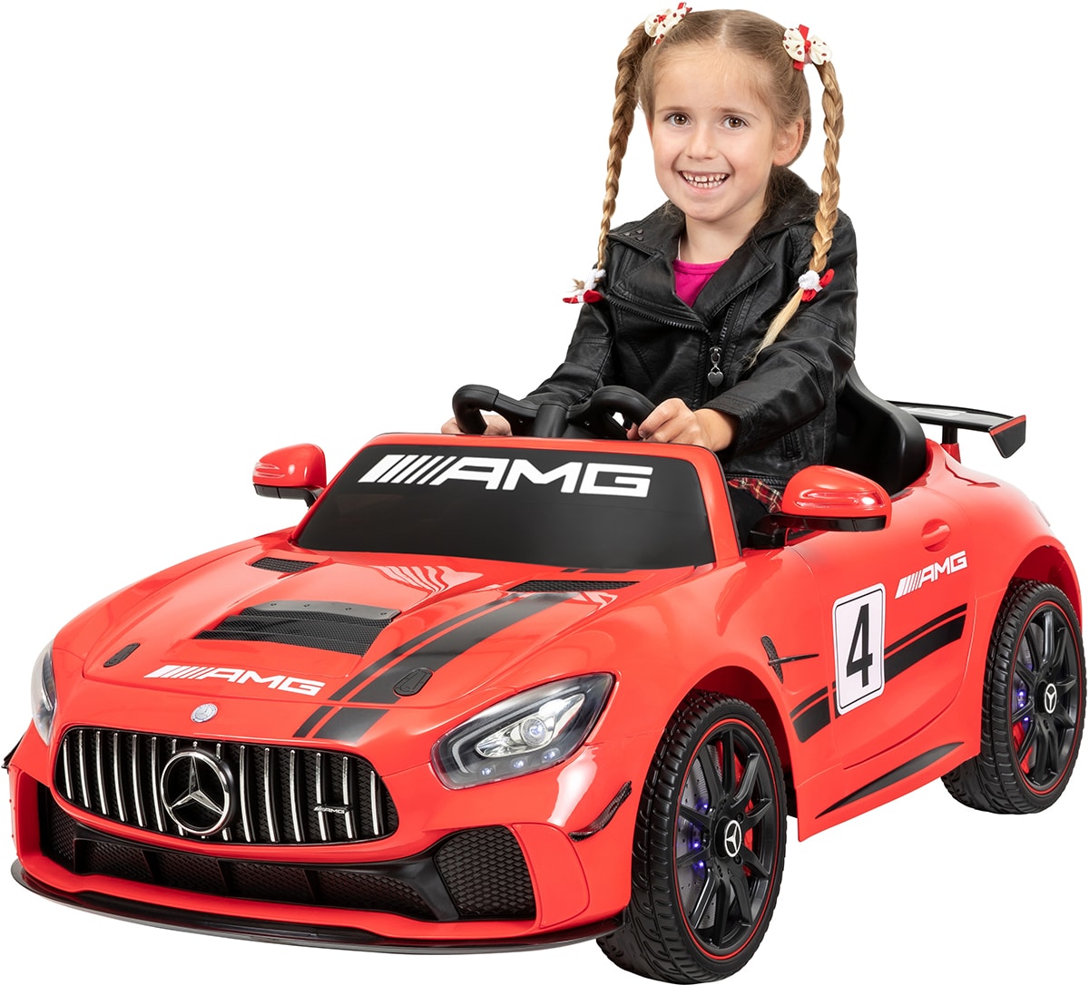 Kinder-Elektroauto Mercedes AMG GT4, Sport-Edition, Lowrider-Funktion, LED, Soft-Start, EVA-Reifen (Rot) - Bild 1