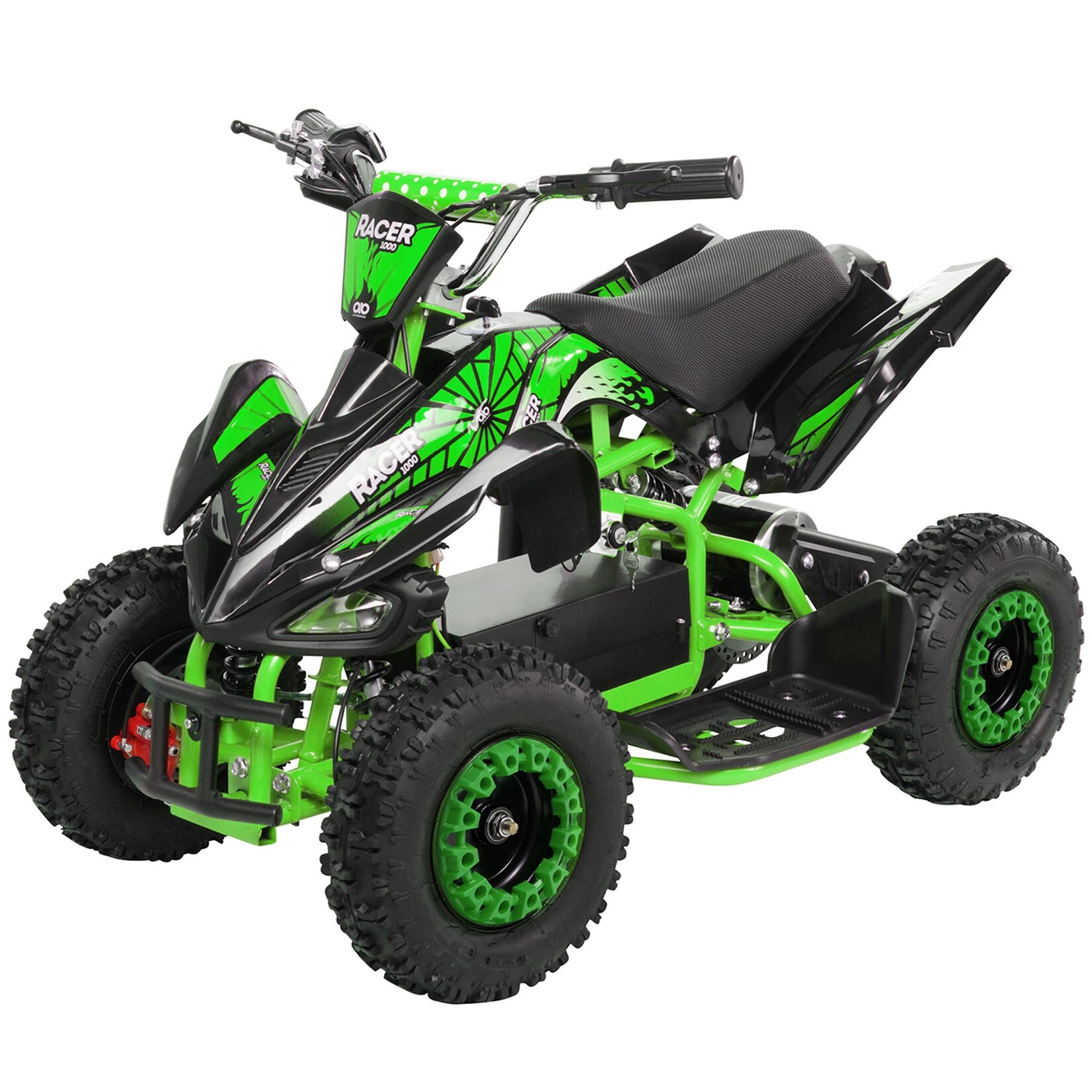 Kinderquad Racer 1000, Pocket-Quad mit 1000 Watt Elektromotor, 3 Batterien, Stoßdämpfer, bis 24 km/h (Schwarz/Grün)