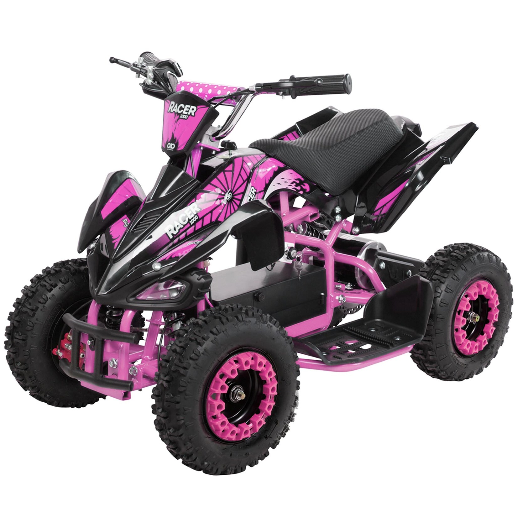 Kinderquad Racer 1000, Pocket-Quad mit 1000 Watt Elektromotor, 3 Batterien, Stoßdämpfer, bis 24 km/h (Schwarz/Pink) | 04056551081780