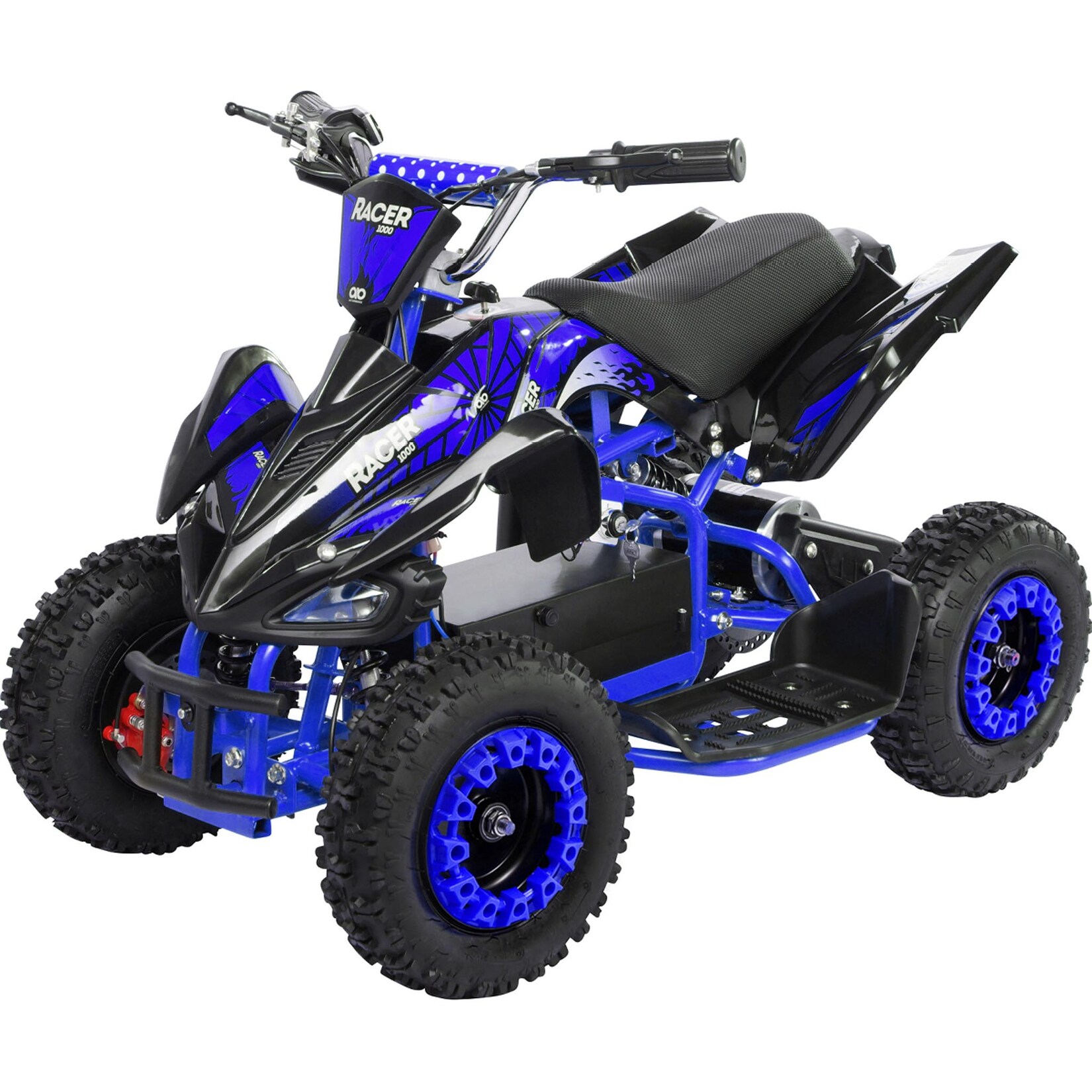 Kinderquad Racer 1000, Pocket-Quad mit 1000 Watt Elektromotor, 3 Batterien, Stoßdämpfer, bis 24 km/h (Schwarz/Blau)