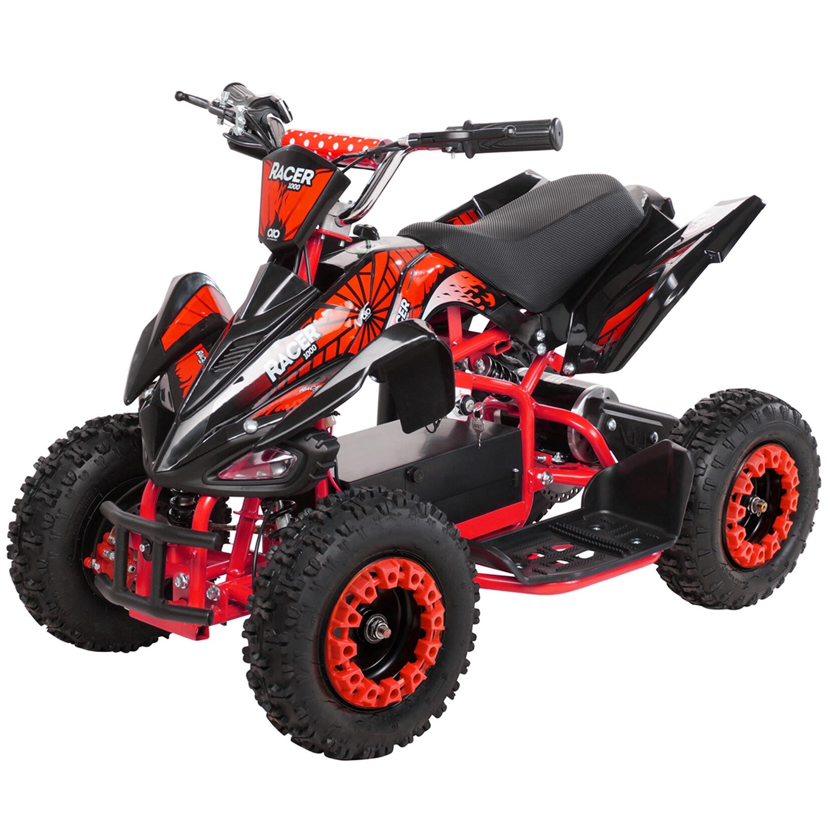 Kinderquad Racer 1000, Pocket-Quad mit 1000 Watt Elektromotor, 3 Batterien, Stoßdämpfer, bis 24 km/h (Schwarz Rot)