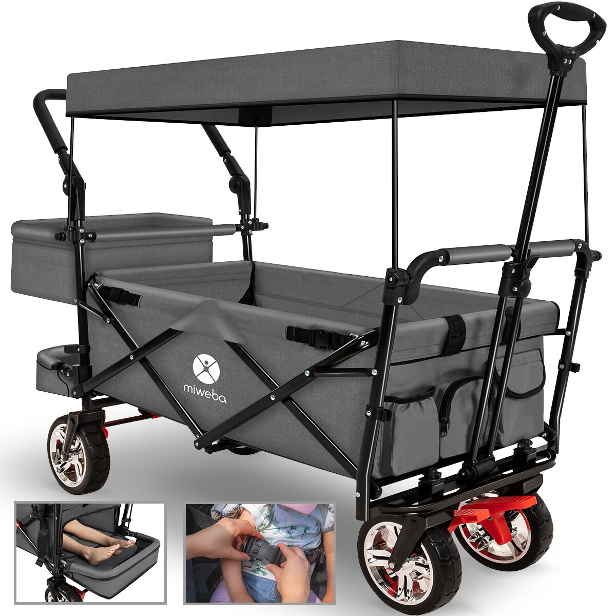 Miweba Bollerwagen MB-20 faltbar, Sonnendach, Schiebe- und Zugstange, Stauraumverl&auml;ngerung, 360&deg;-R&auml;der (Grau) - Bild 1