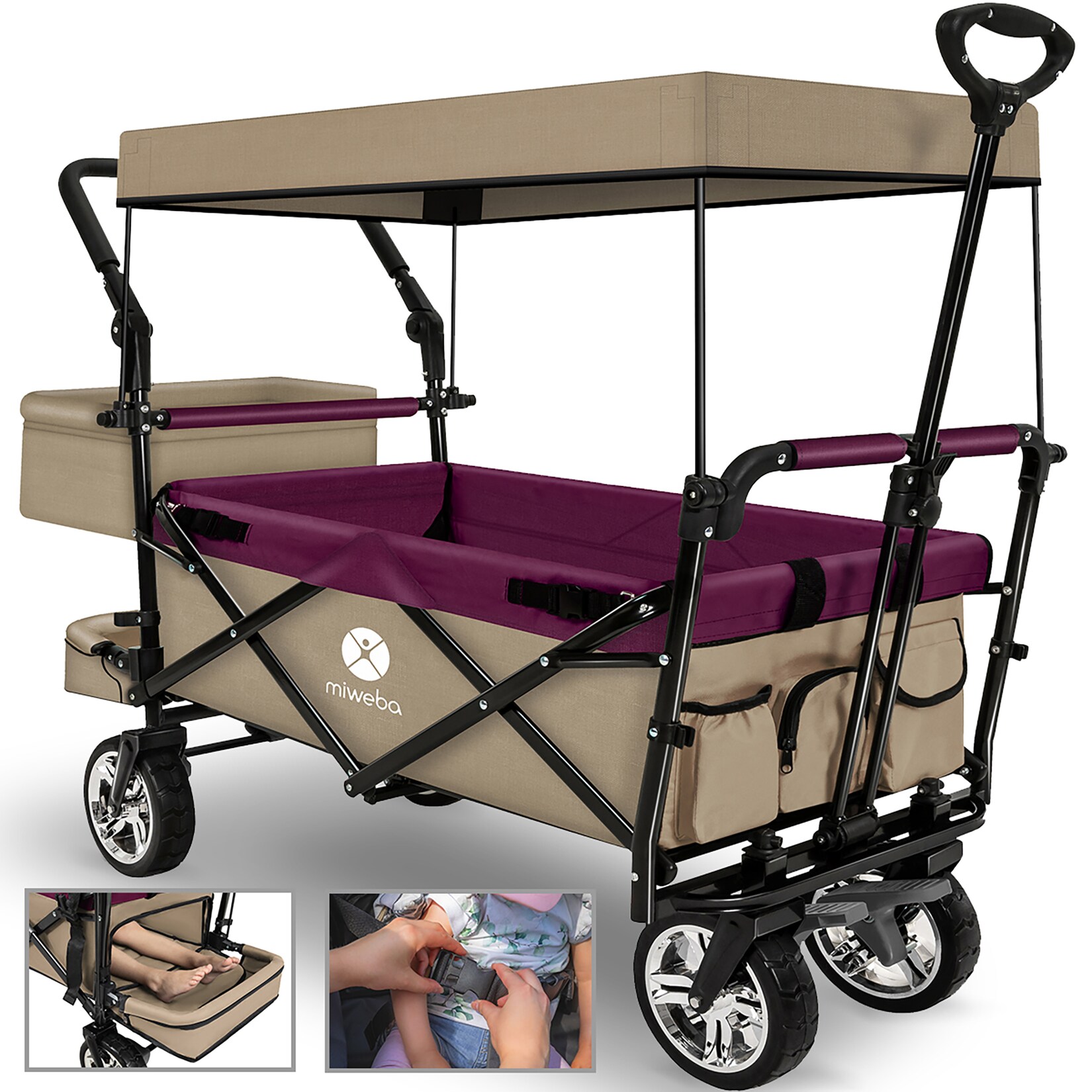 Miweba Bollerwagen MB-20 faltbar, Sonnendach, Schiebe- und Zugstange, Stauraumverlängerung, 360°-Räder (Beige/Bordeaux rot)