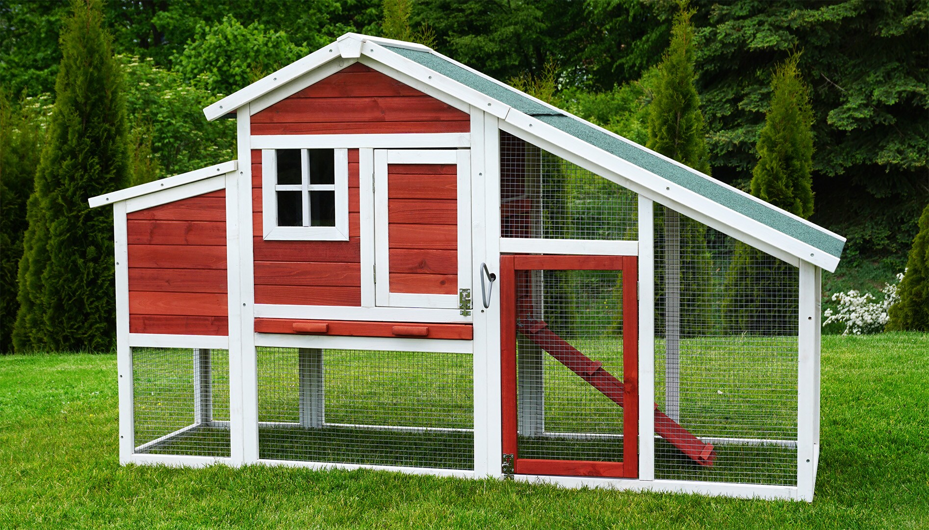 MyAnimal H&uuml;hnerstall f&uuml;r 4 H&uuml;hner MH-32 mit Eiablage, H&uuml;hnerhaus schutzimpr&auml;gniert, Dach abnehmbar (Rot/Wei&szlig;) - Bild 1