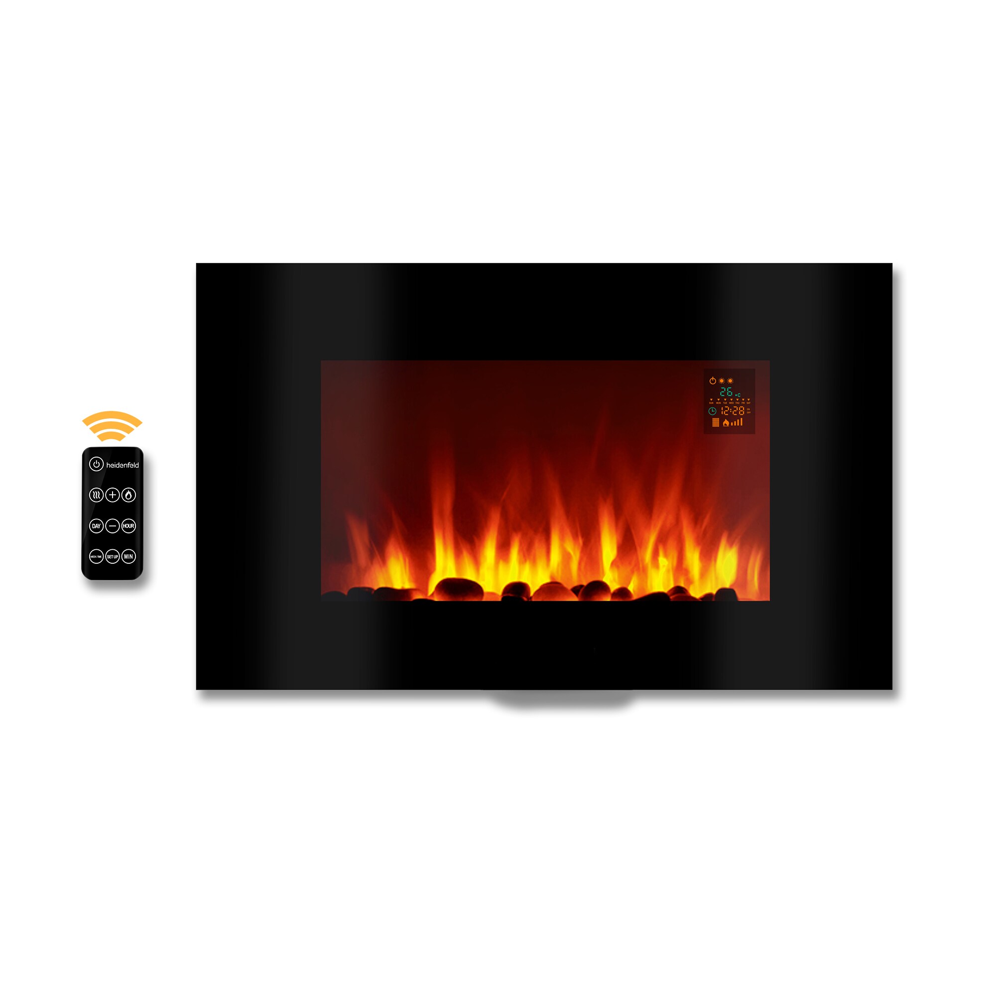 Heidenfeld Elektrokamin HF-WK100, Wandkamin Flat / Curved, Heizfunktion, Thermostat, Fernbedienung (WK100C flach Steinoptik) - Bild 1
