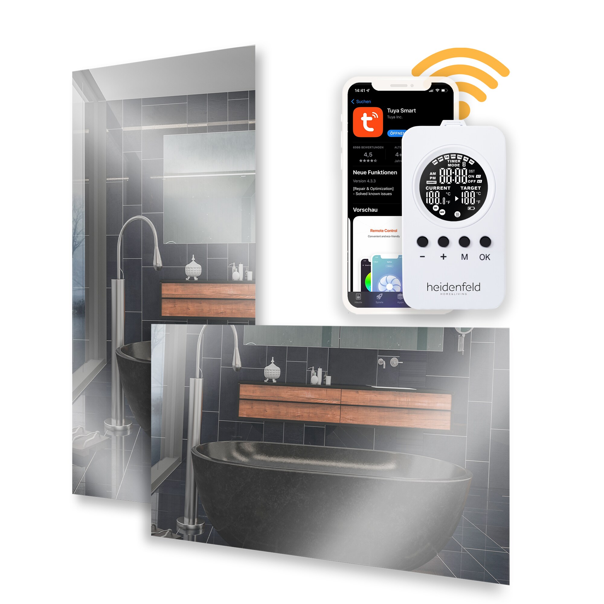 Heidenfeld Infrarot-Spiegelheizung HF-HS100, rechteckig, inkl. Thermostat, 10 Jahre Garantie, IP44 (300 Watt) - Bild 1