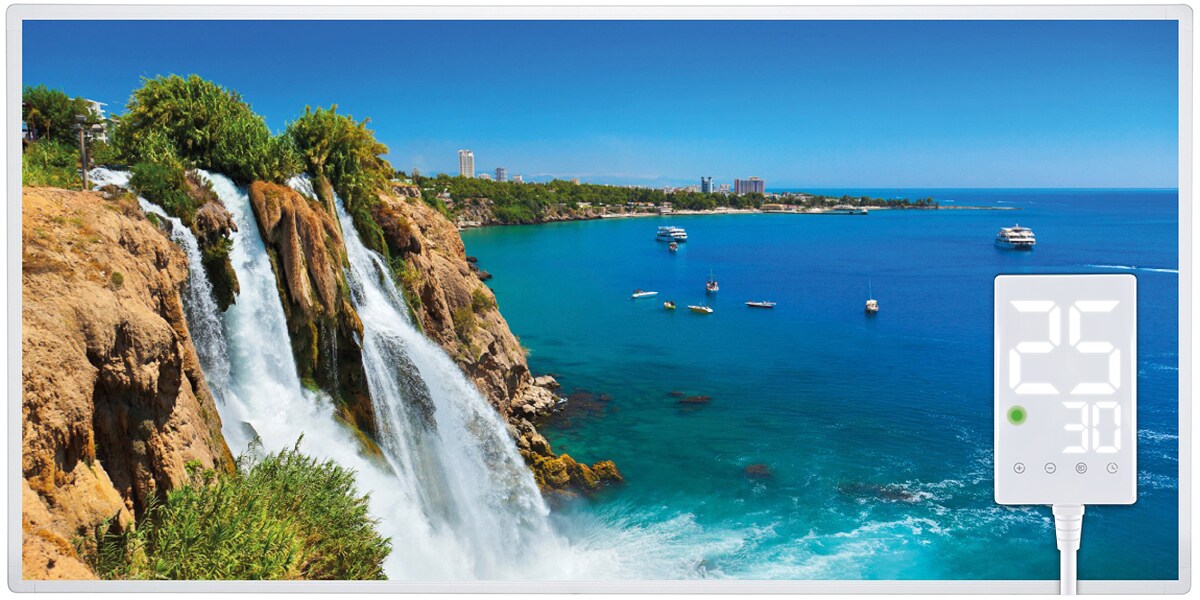 Heidenfeld Infrarotheizung HF-HP105, mit Bild, 16 Motive, 10 J. Garantie, Thermostat, Wandmontage (800 Watt, Wasserfall1) | 04056551088949