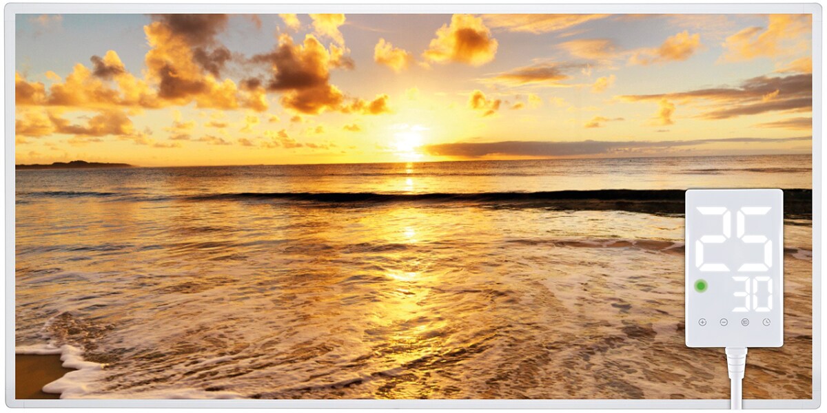 Heidenfeld Infrarotheizung HF-HP105, mit Bild, 16 Motive, 10 J. Garantie, Thermostat, Wandmontage (1000 Watt, Strand1) - Bild 1