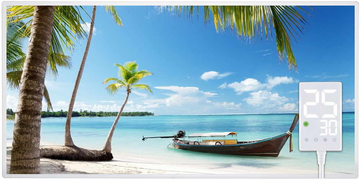 Heidenfeld Infrarotheizung HF-HP105, mit Bild, 16 Motive, 10 J. Garantie, Thermostat, Wandmontage (1000 Watt, Strand3) - Bild 1