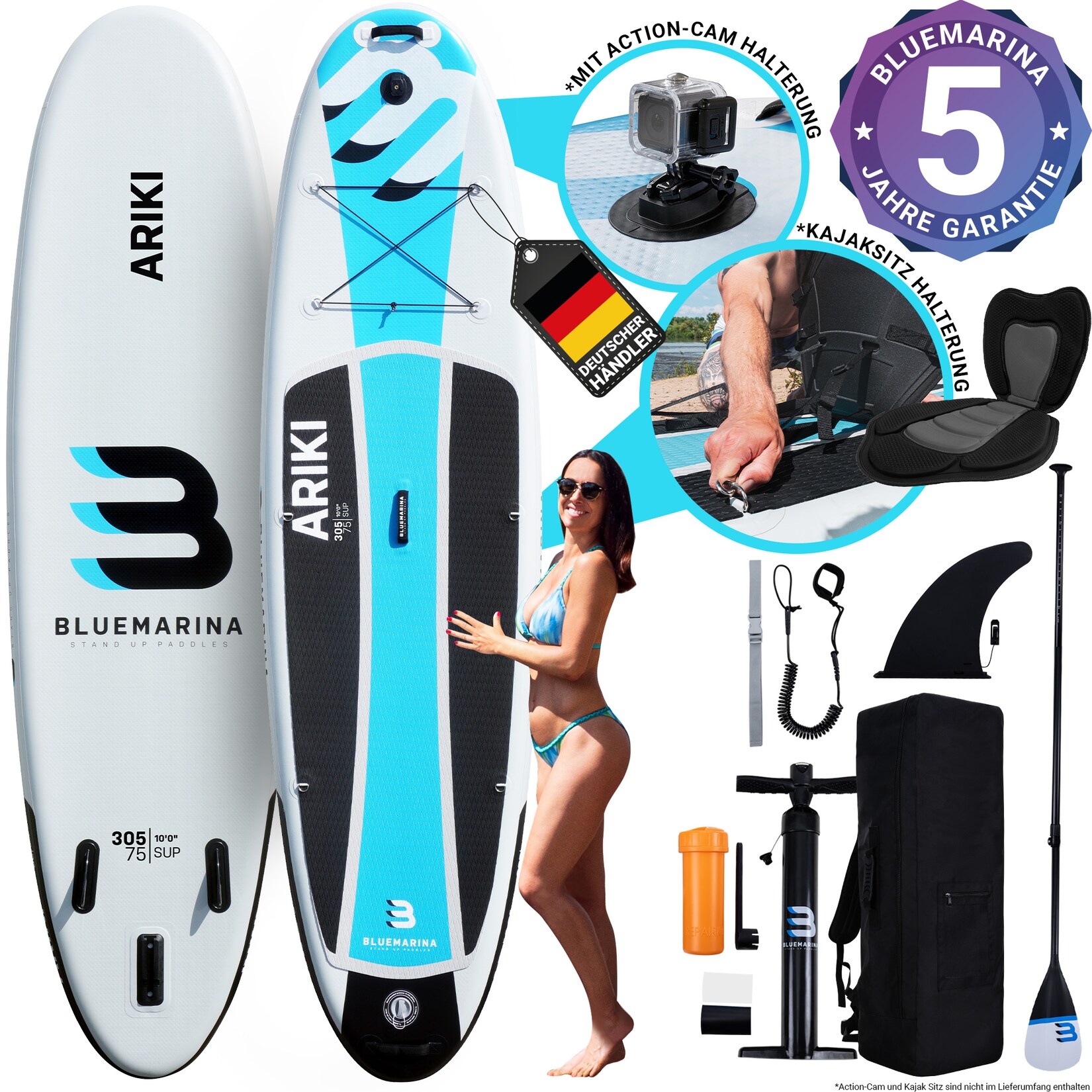 Bluemarina SUP Board Ariki, Stand Up Paddle aufblasbar mit Paddel, Pumpe, Rucksack, 5J Garantie (Classic, 305x76x13,5cm / 10″)