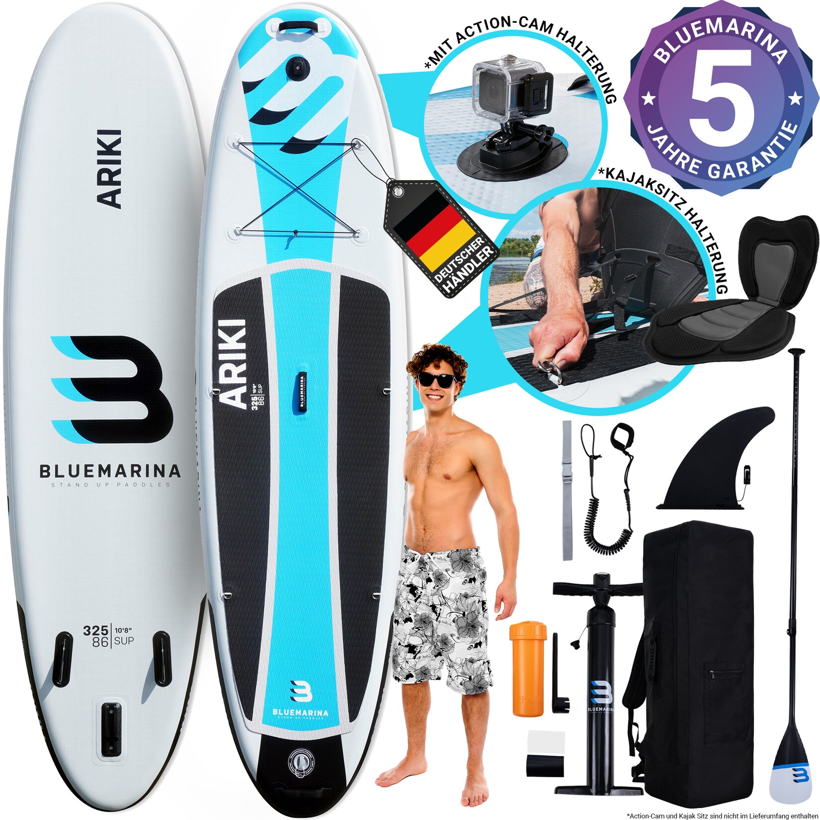 Bluemarina SUP Board Ariki, Stand Up Paddle aufblasbar mit Paddel, Pumpe, Rucksack, 5J Garantie (Classic 2.0, 325x86x16,5cm / 10'8")