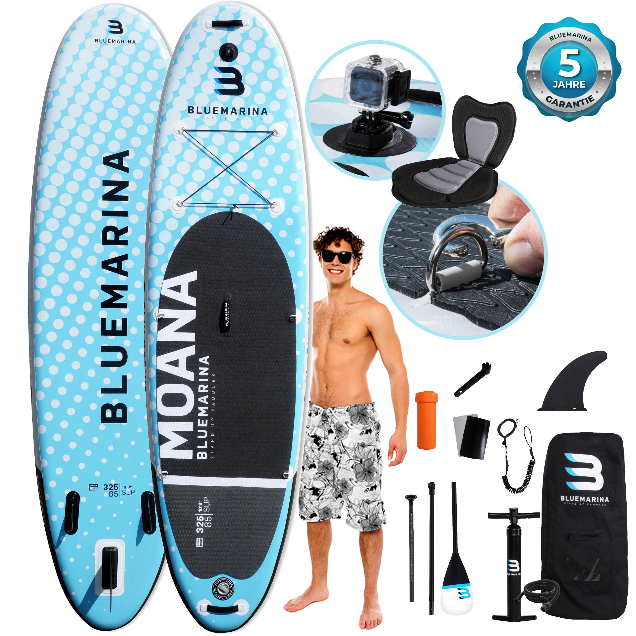 Bluemarina SUP Board Moana, aufblasbar mit Doppelkolben-Pumpe, Paddel, Rucksack, 5J Garantie (Classic 2.0, 325x86x15cm / 10'8") - Bild 1