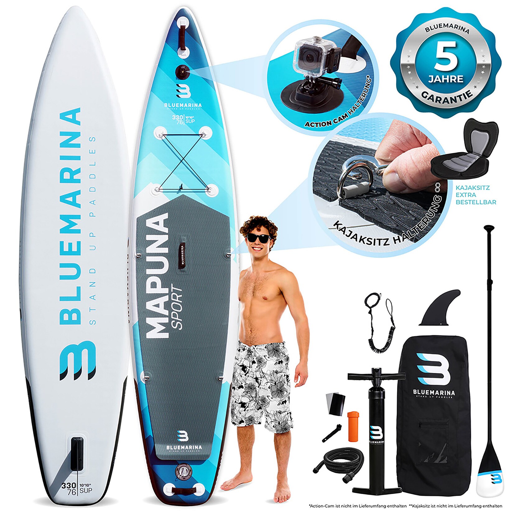 Bluemarina SUP Board Mapuna Sport, Kickpad, Double Layer, Paddel, Pumpe, Rucksack, 5J Garantie