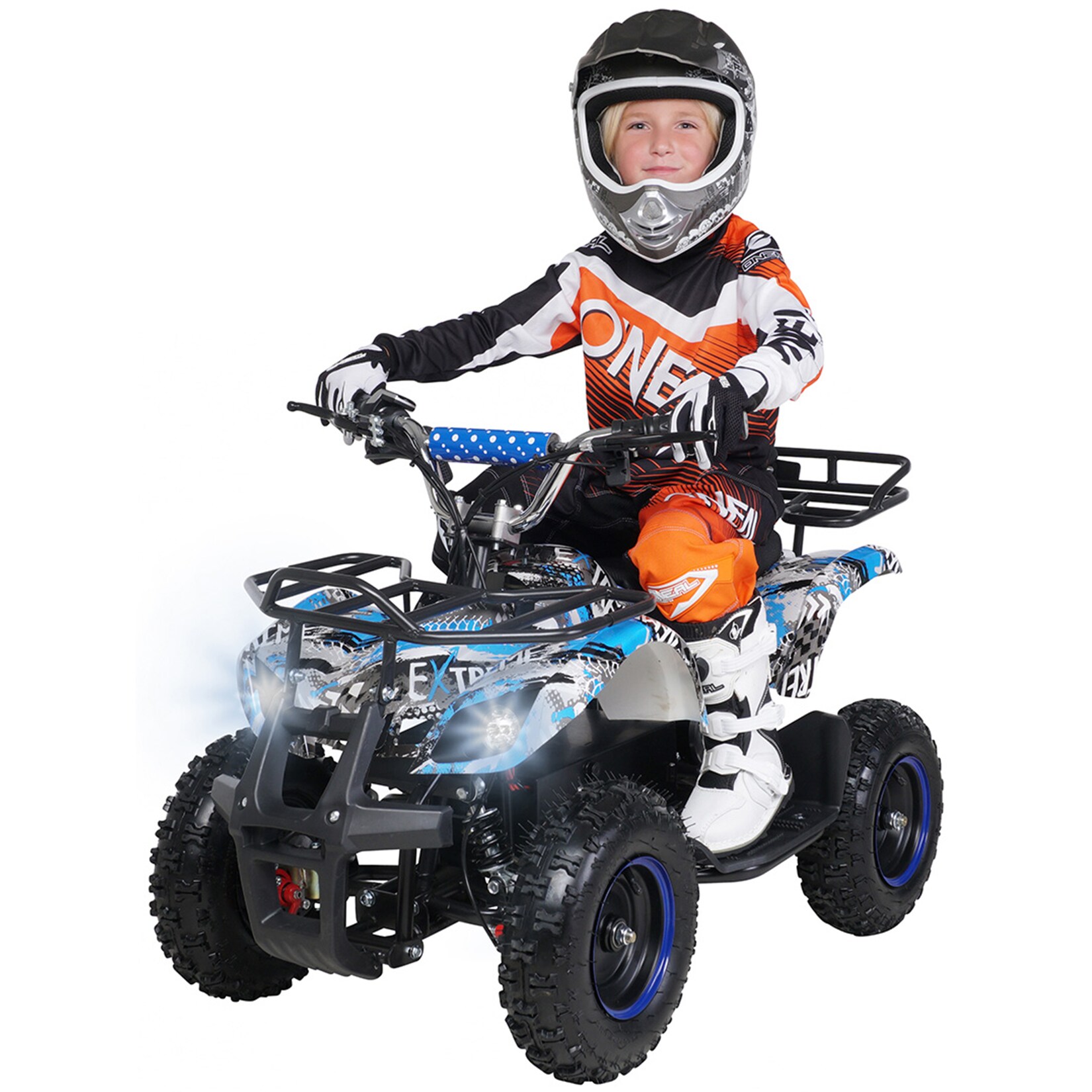 Elektro-Kinderquad Torino, 1000 Watt, Pocket-Quad mit Scheibenbremsen, 24 km/h, 3 x 12-Volt-Batterie (Blau Polo)