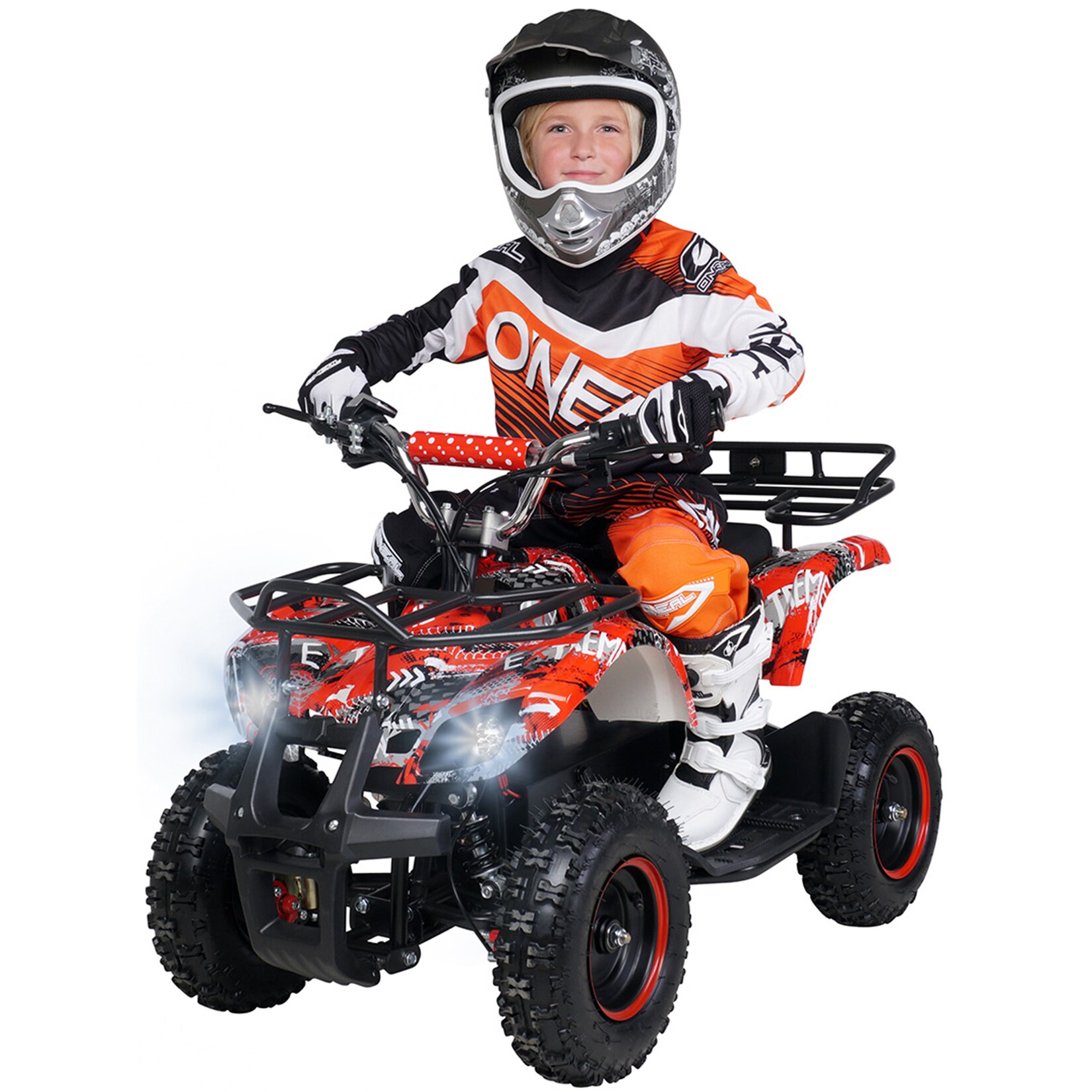 Elektro-Kinderquad Torino, 1000 Watt, Pocket-Quad mit Scheibenbremsen, 24 km/h, 3 x 12-Volt-Batterie (Schwarz/Weiß/Rot Polo)