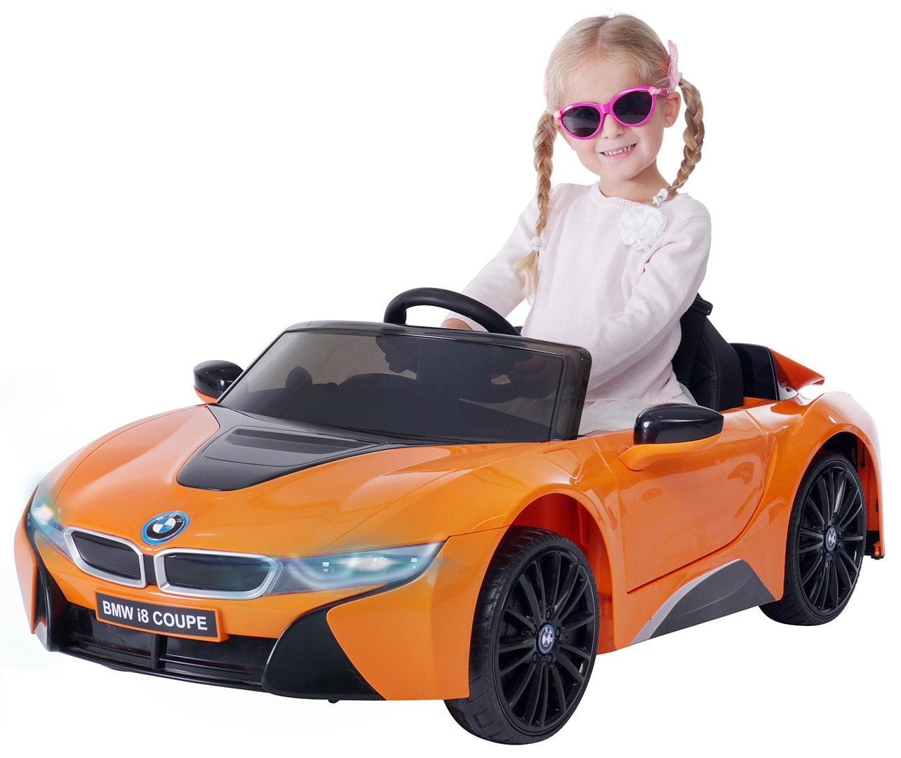 Kinder-Elektroauto BMW i8 l12, lizenziert, 50 Watt, 12 V, Fernbedienung, LED, EVA-Reifen, Soundmodul (Orange) - Bild 1