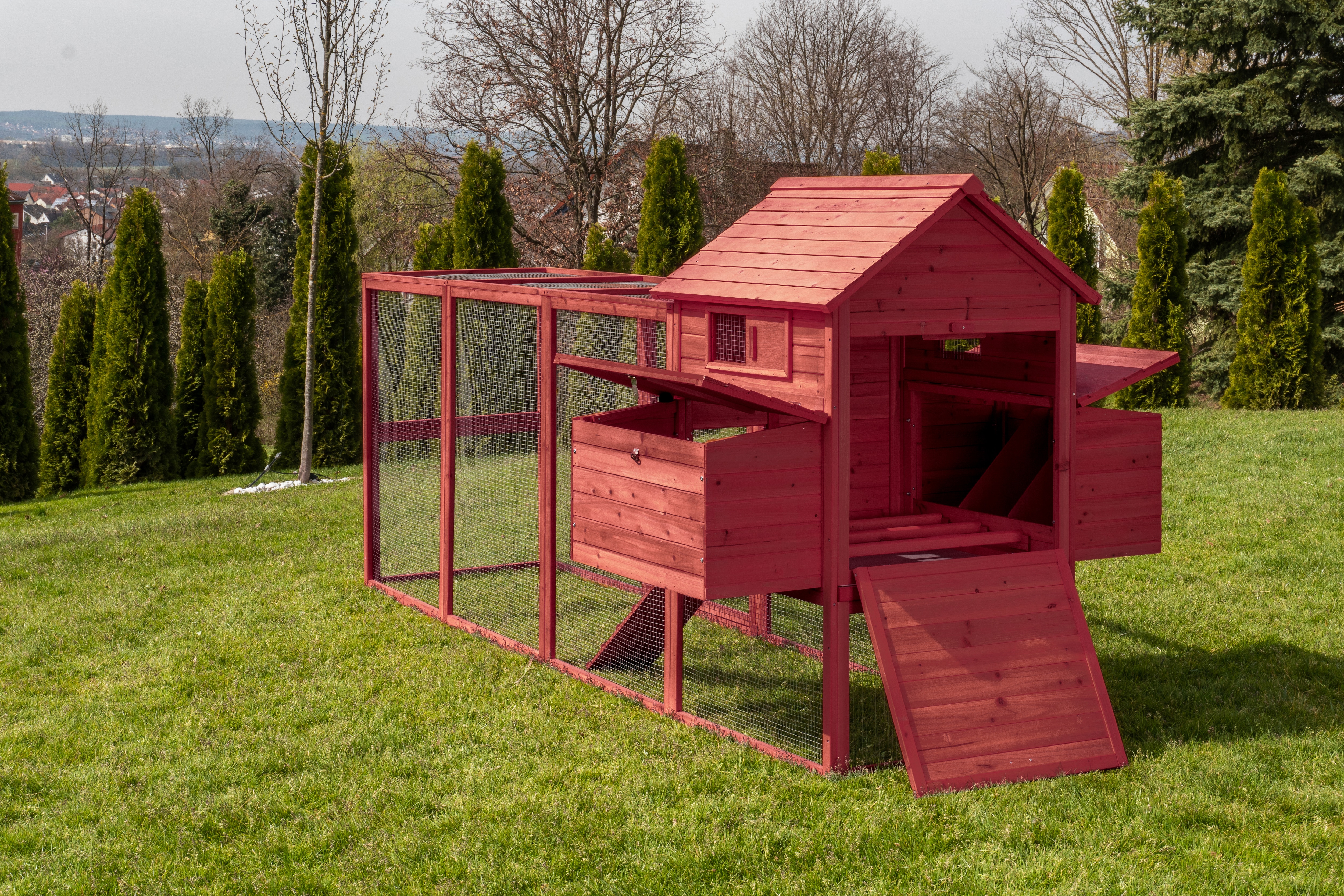 MyAnimal H&uuml;hnerstall XXL f&uuml;r 8 H&uuml;hner MH-22, H&uuml;hnerhaus mit zwei Nistk&auml;sten, Auslauf, zwei Ebenen (Dunkelrot) - Bild 1
