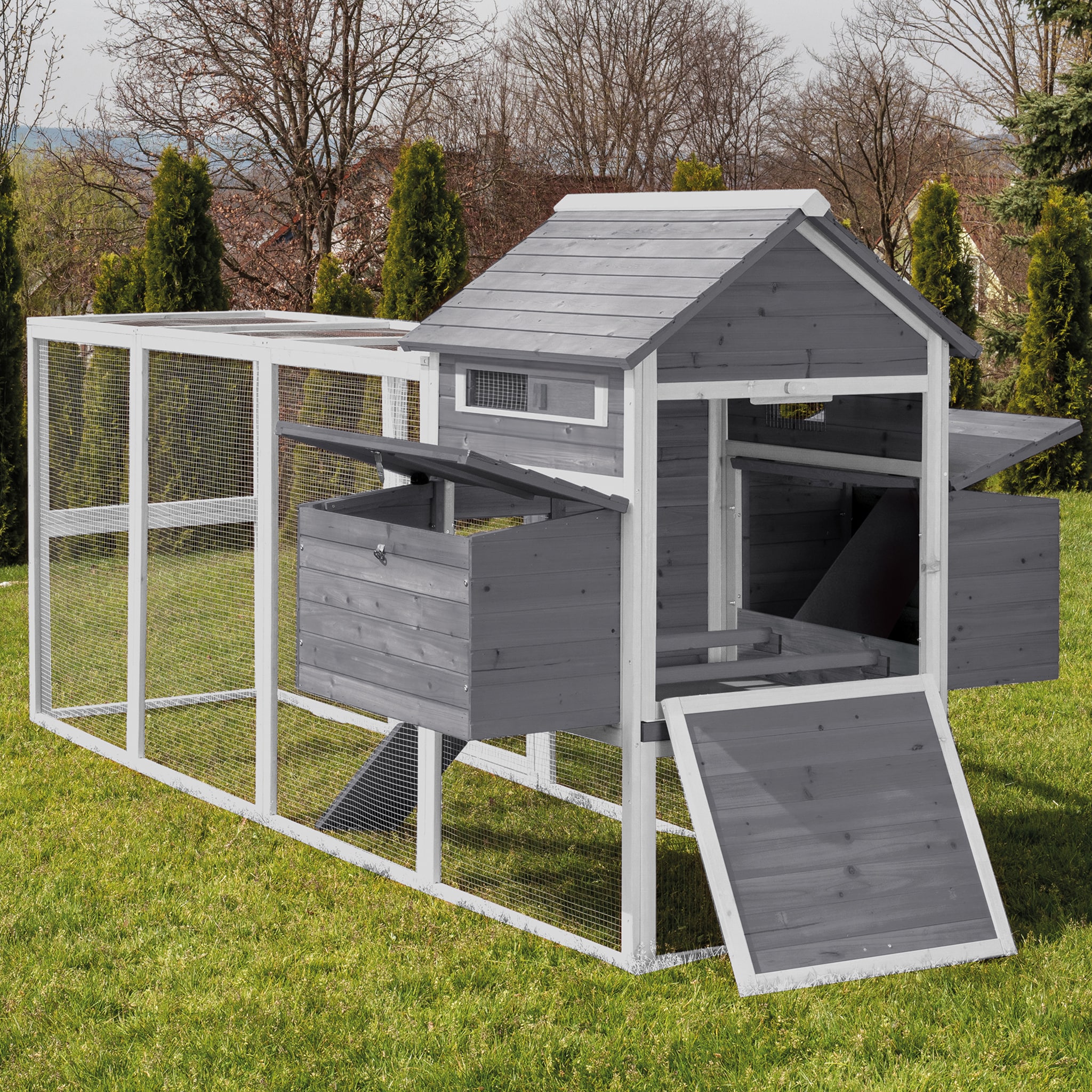 MyAnimal H&uuml;hnerstall XXL f&uuml;r 8 H&uuml;hner MH-22, H&uuml;hnerhaus mit zwei Nistk&auml;sten, Auslauf, zwei Ebenen (Grau/Wei&szlig; 2.0) - Bild 1