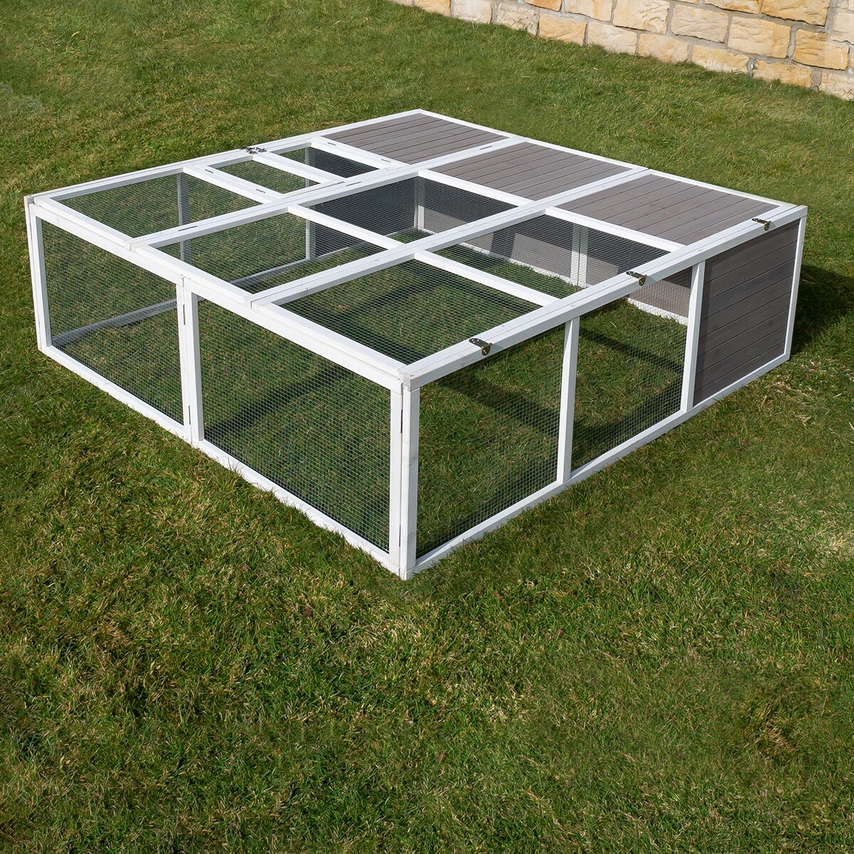 MyAnimal Hasenstall MH-06 Freilaufgehege, Kaninchenstall XXL, mit Unterstand, Simple-Fold, Vollholz (Grau)
