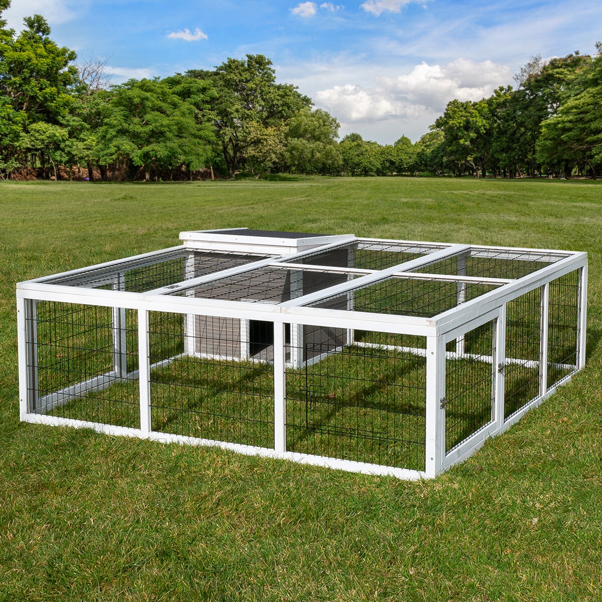 MyAnimal Hasenstall MH-08 Freilaufgehege, Kaninchenstall mit Haus, 3 Außentüren, verzinkter Draht