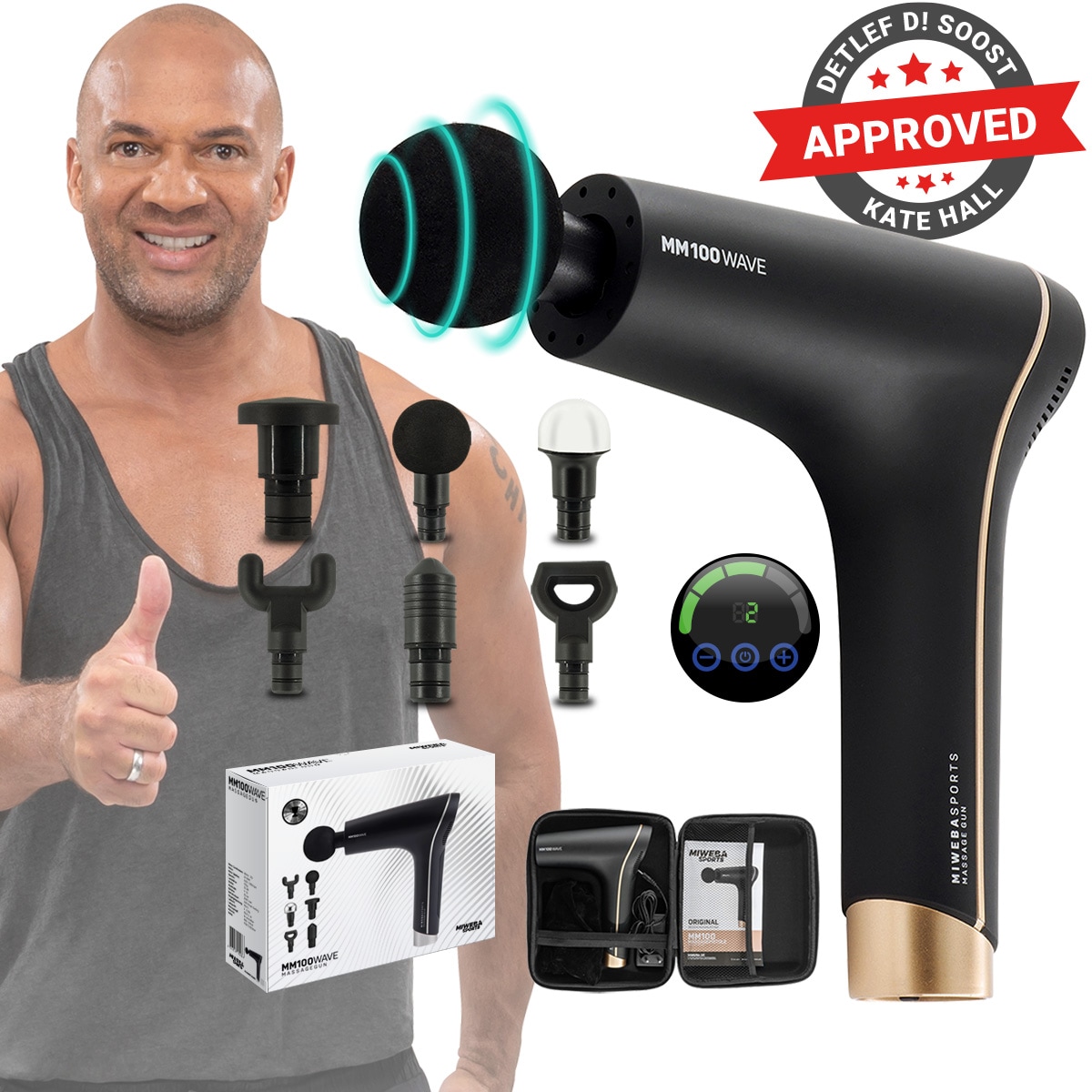 Miweba Sports Massagepistole MM100, Massage-Gun 2500 mAh f&uuml;r Faszien-Muskelmassage mit 6 Aufs&auml;tzen (Schwarz/Gold) - Bild 1