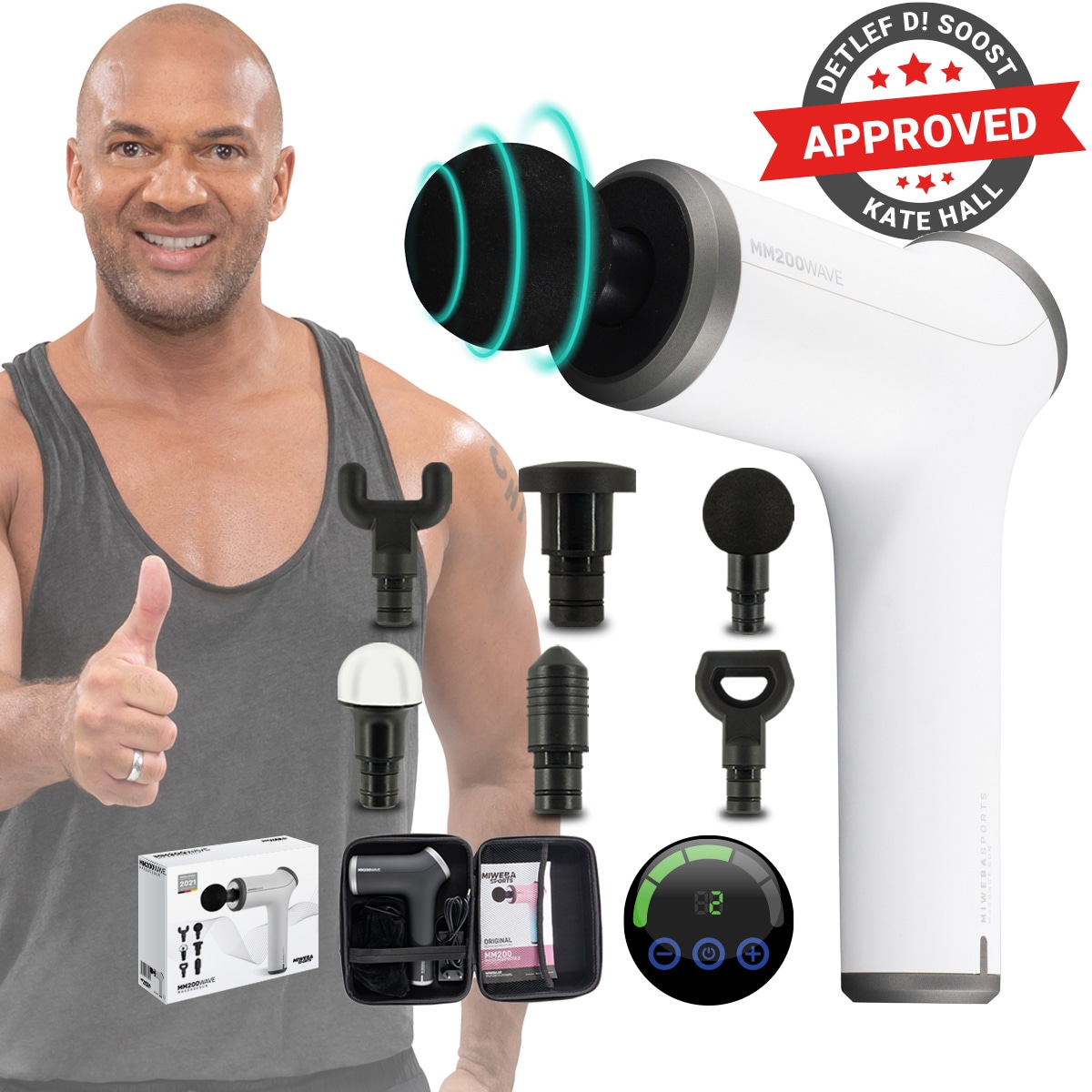 Miweba Sports Massagepistole MM200, Massage-Gun 2500 mAh f&uuml;r Faszien-Muskelmassage mit 6 Aufs&auml;tzen (Wei&szlig;/Grau) - Bild 1