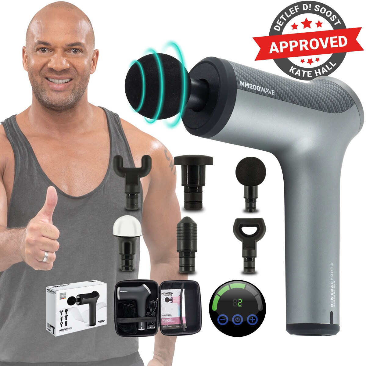 Miweba Sports Massagepistole MM200, Massage-Gun 2500 mAh f&uuml;r Faszien-Muskelmassage mit 6 Aufs&auml;tzen (Grau/Carbon) - Bild 1