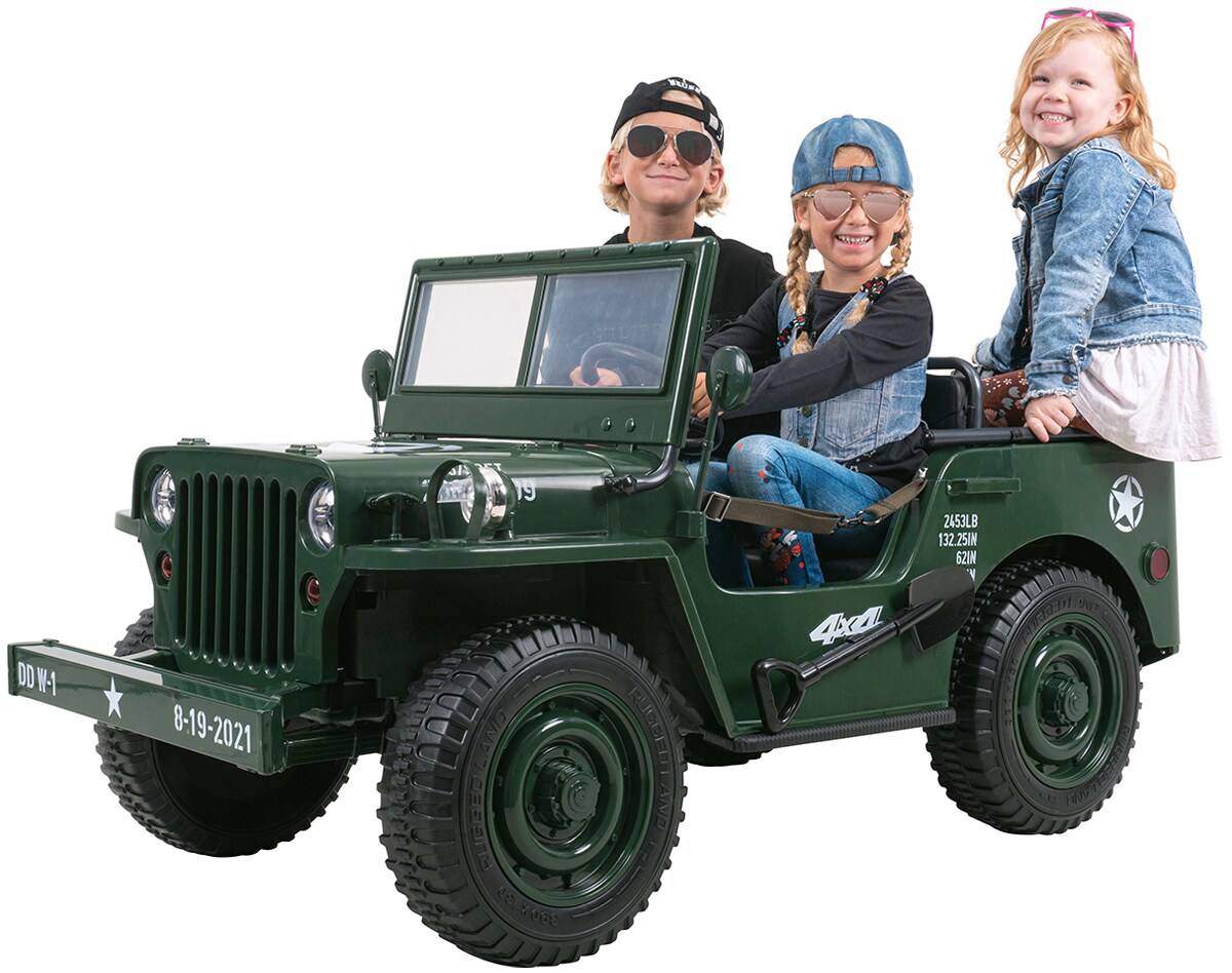 Jeep Willys Kinder-Elektroauto, 3 Sitze und 3 Gurte, Schaufel, Ersatzrad, Federung, Allrad 4x4, LEDs - Bild 1