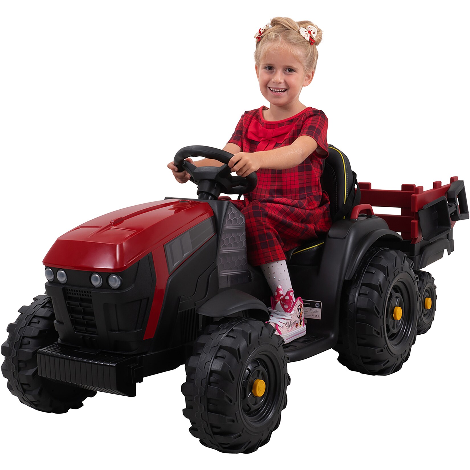 Elektro-Kindertraktor mit Anhänger, Staufach, Schaufel, Fernbedienung, 90 W, Bremsautomatik, TD925  (Rot/Schwarz) | 04056551139641