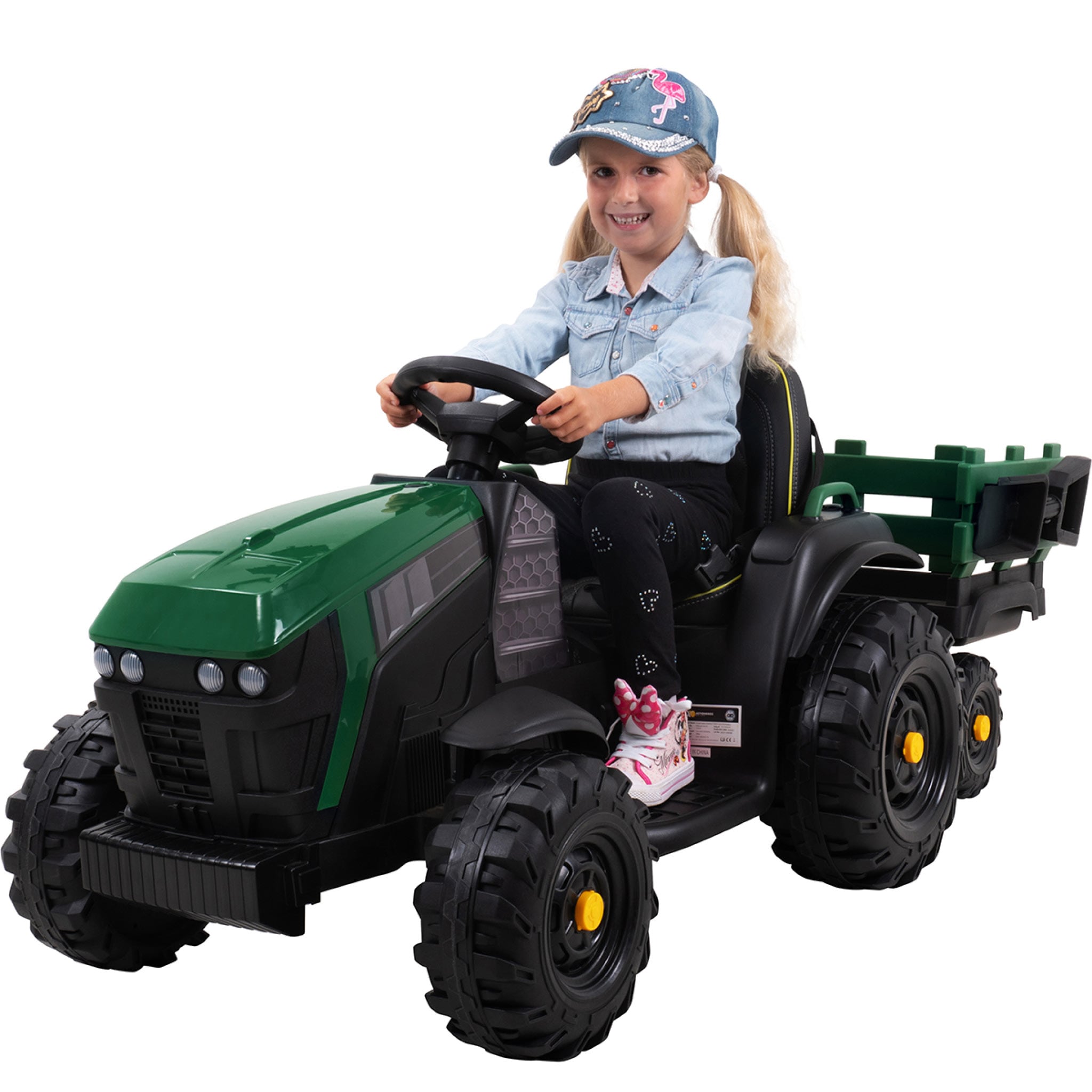Elektro-Kindertraktor mit Anh&auml;nger, Staufach, Schaufel, Fernbedienung, 90 W, Bremsautomatik, TD925  (Gr&uuml;n/Schwarz) - Bild 1