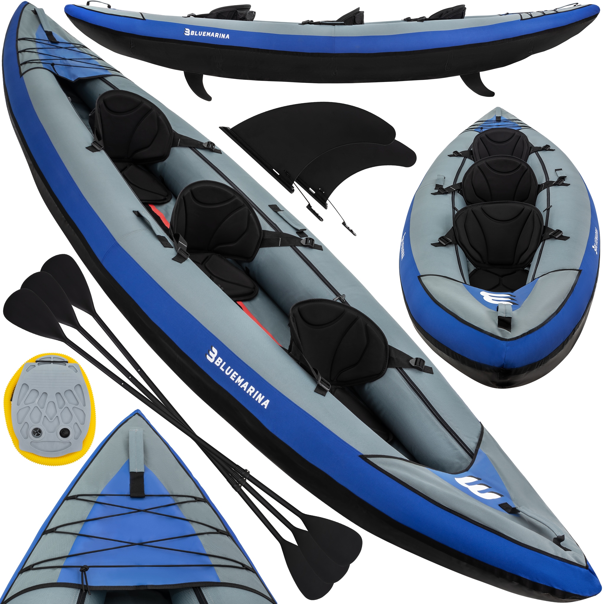 Bluemarina Kajak aufblasbar Samoa, 3-Sitzer-Kanu, Fu&szlig;pumpe, Gep&auml;ckgummi, Finnen, Transportrucksack - Bild 1