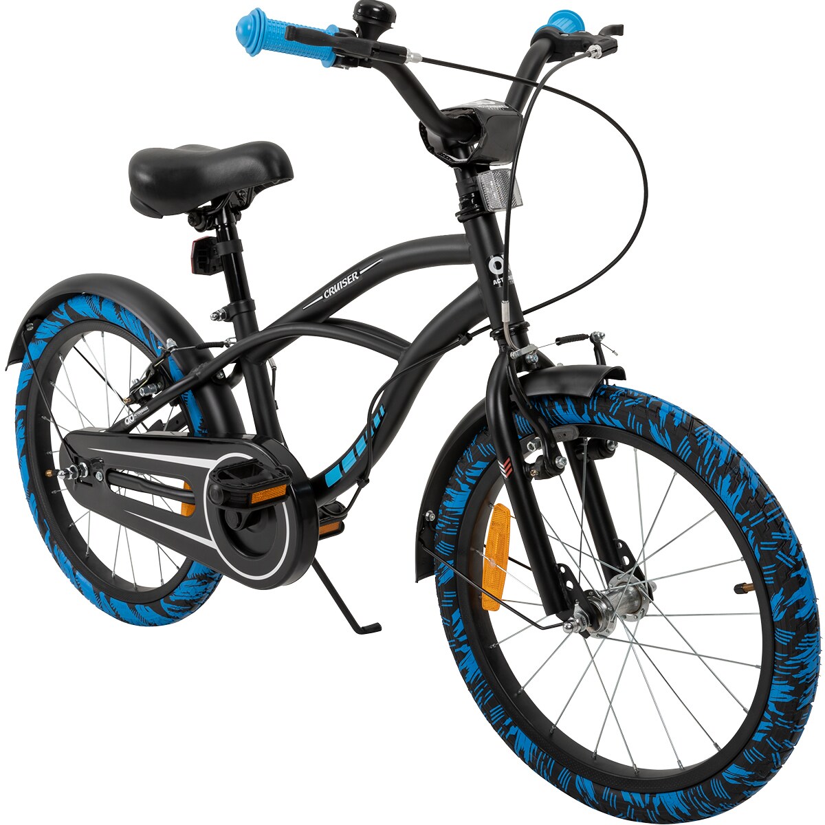 Actionbikes Kinderfahrrad Cruiser 18 Zoll, schwarz, Fahrradständer, Antirutschgriffe, Lenkerschutz (Schwarz/Blau) | 04056551179975