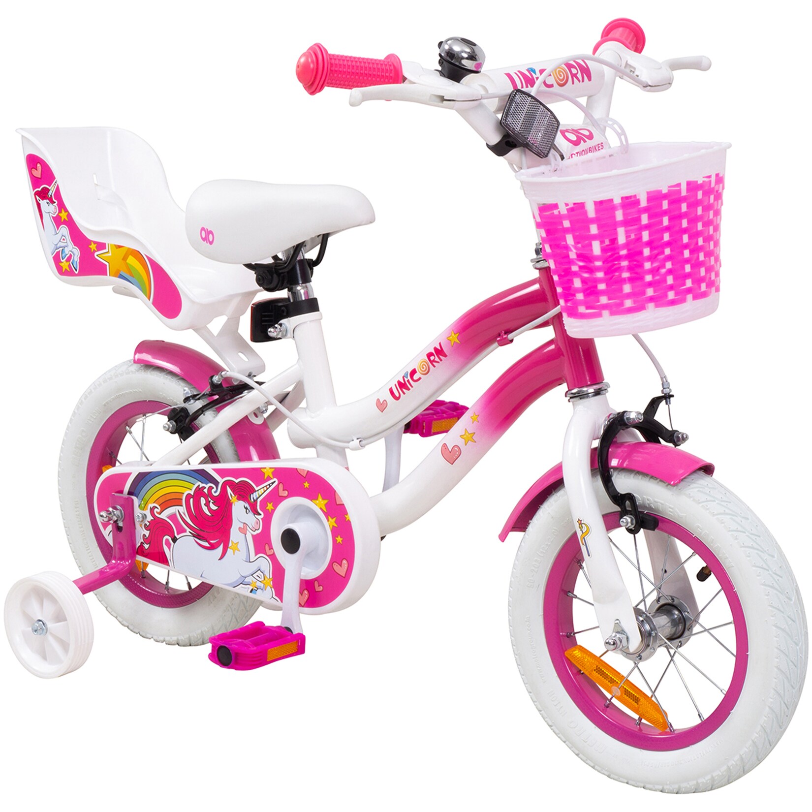 Actionbikes Kinderfahrrad Unicorn 12 Zoll, Pink, Einhorn-Design, Puppensitz, Stützräder, Fahrradkorb | 04056551179999
