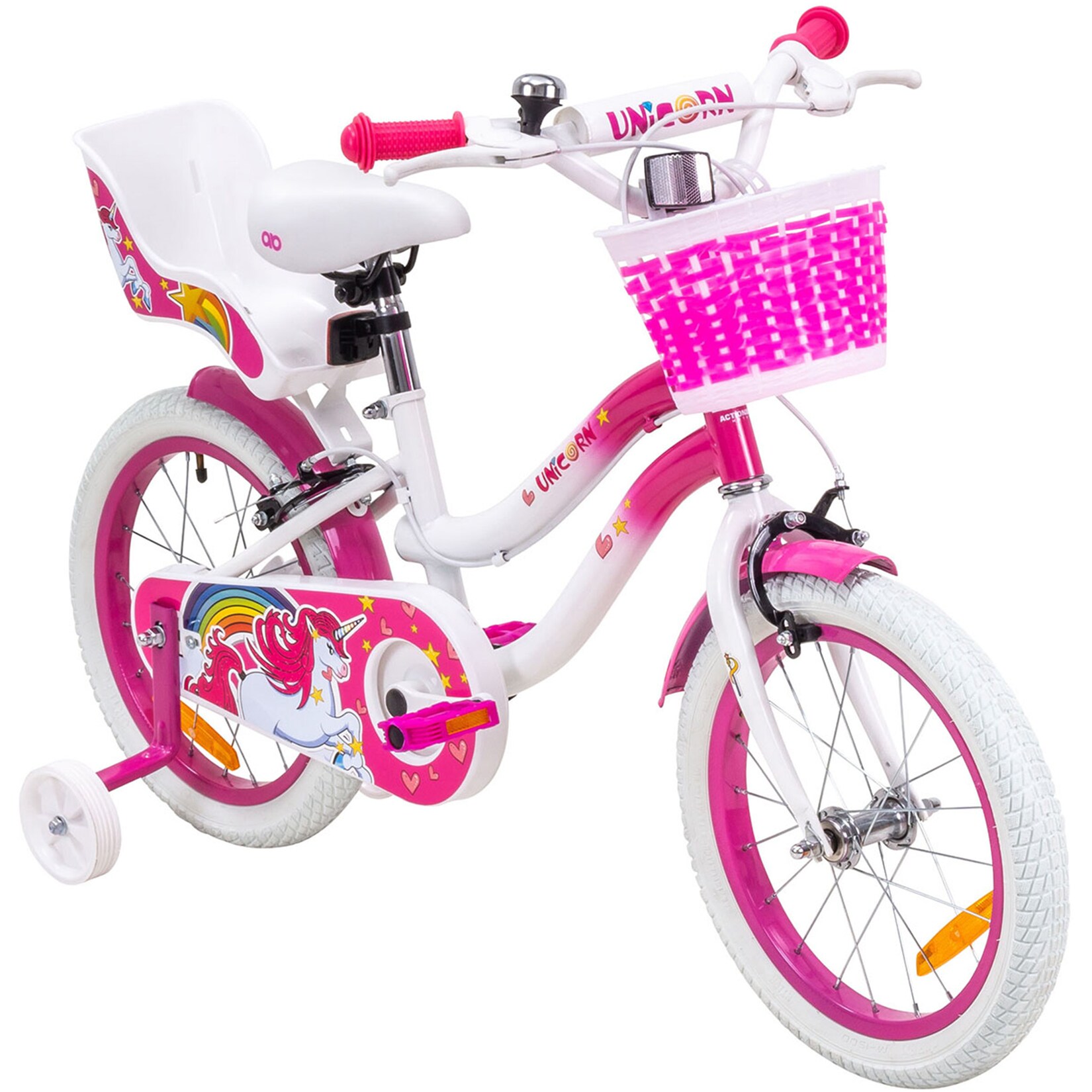 Actionbikes Kinderfahrrad Unicorn 16 Zoll, Pink, Einhorn-Design, Puppensitz, Stützräder, Fahrradkorb | 04056551180001