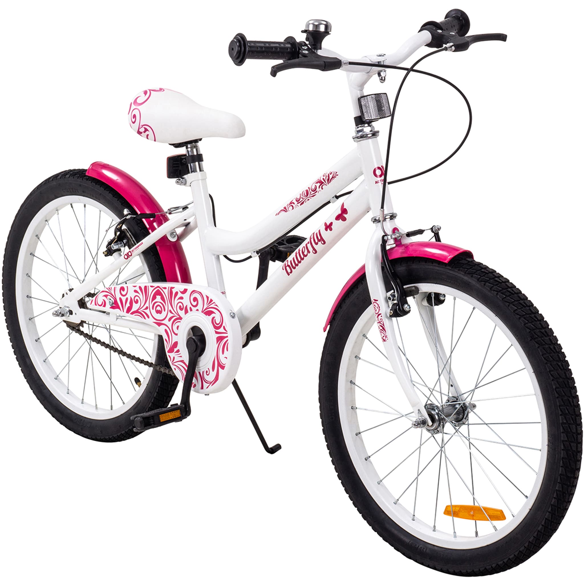 Actionbikes Kinderfahrrad Butterfly 20 Zoll, Pink, Fahrradst&auml;nder, Kettenschutz, Antirutschgriffe (Wei&szlig;/Pink) - Bild 1