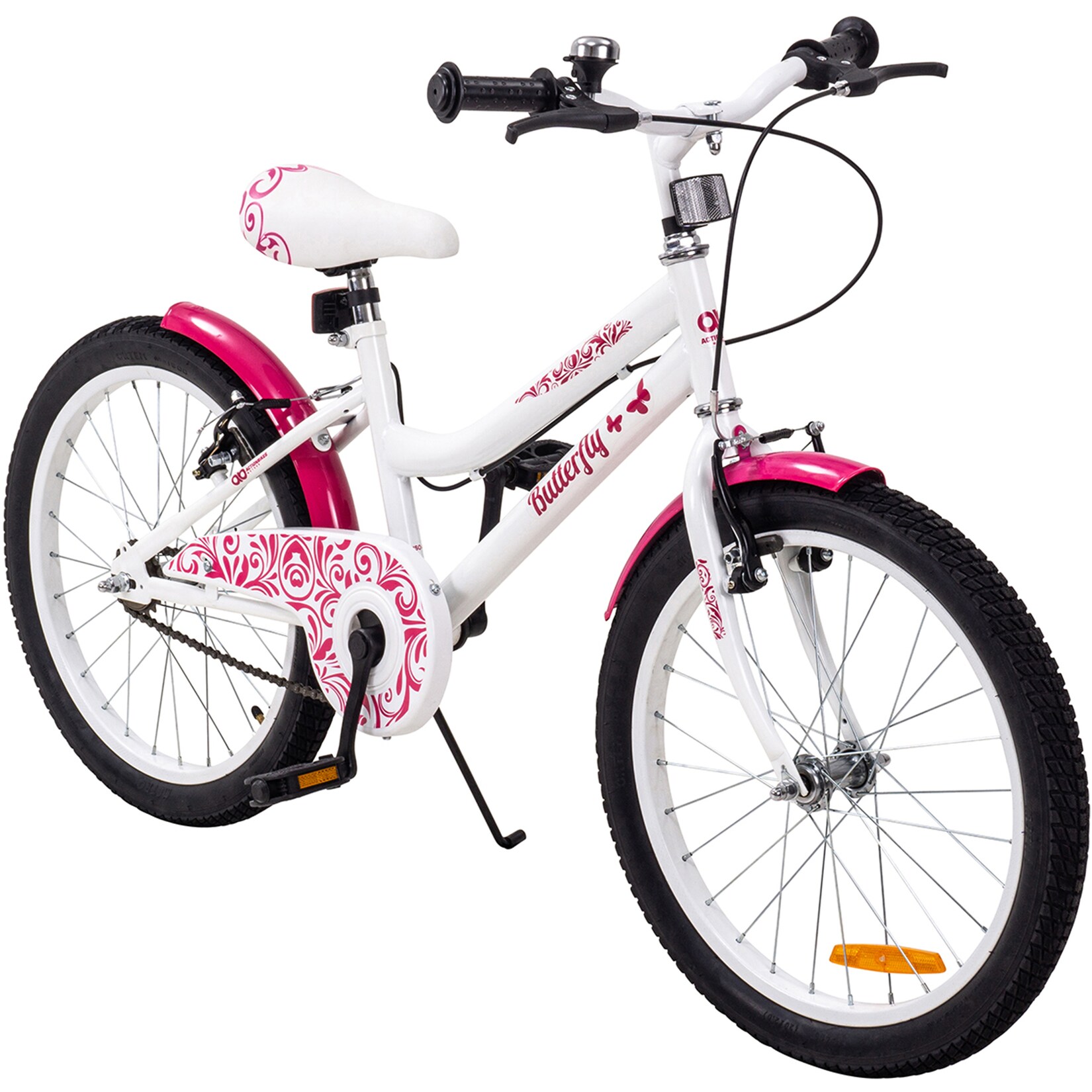Actionbikes Kinderfahrrad Butterfly 20 Zoll, Pink, Fahrradständer, Kettenschutz, Antirutschgriffe (Weiß/Pink) | 04056551180018