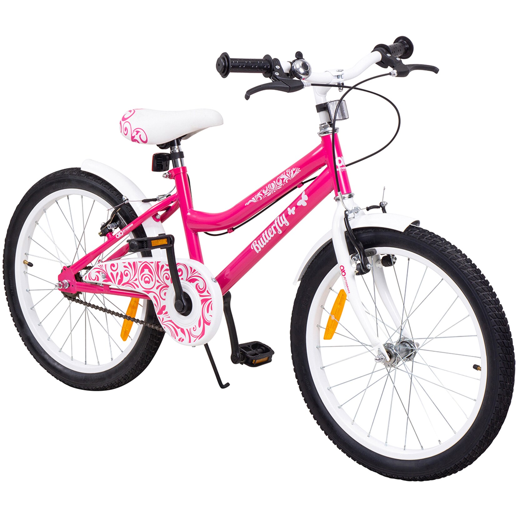 Actionbikes Kinderfahrrad Butterfly 20 Zoll, Pink, Fahrradständer, Kettenschutz, Antirutschgriffel (Pink/Weiß)