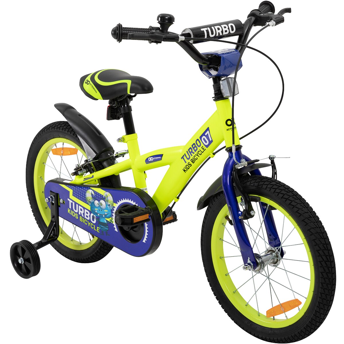 Actionbikes Kinderfahrrad Turbo 16 Zoll, Stützräder, V-Brake-Bremsen, Lenker-/Kettenschutz, Klingel | 04056551180049