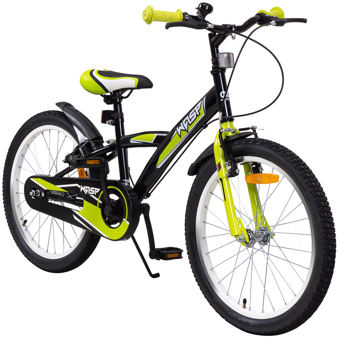 Actionbikes Kinderfahrrad Wasp 20 Zoll, Fahrradständer, Schutzbleche, verstellbar, V-Brake-Bremsen (Schwarz-Grün) | 04056551180056