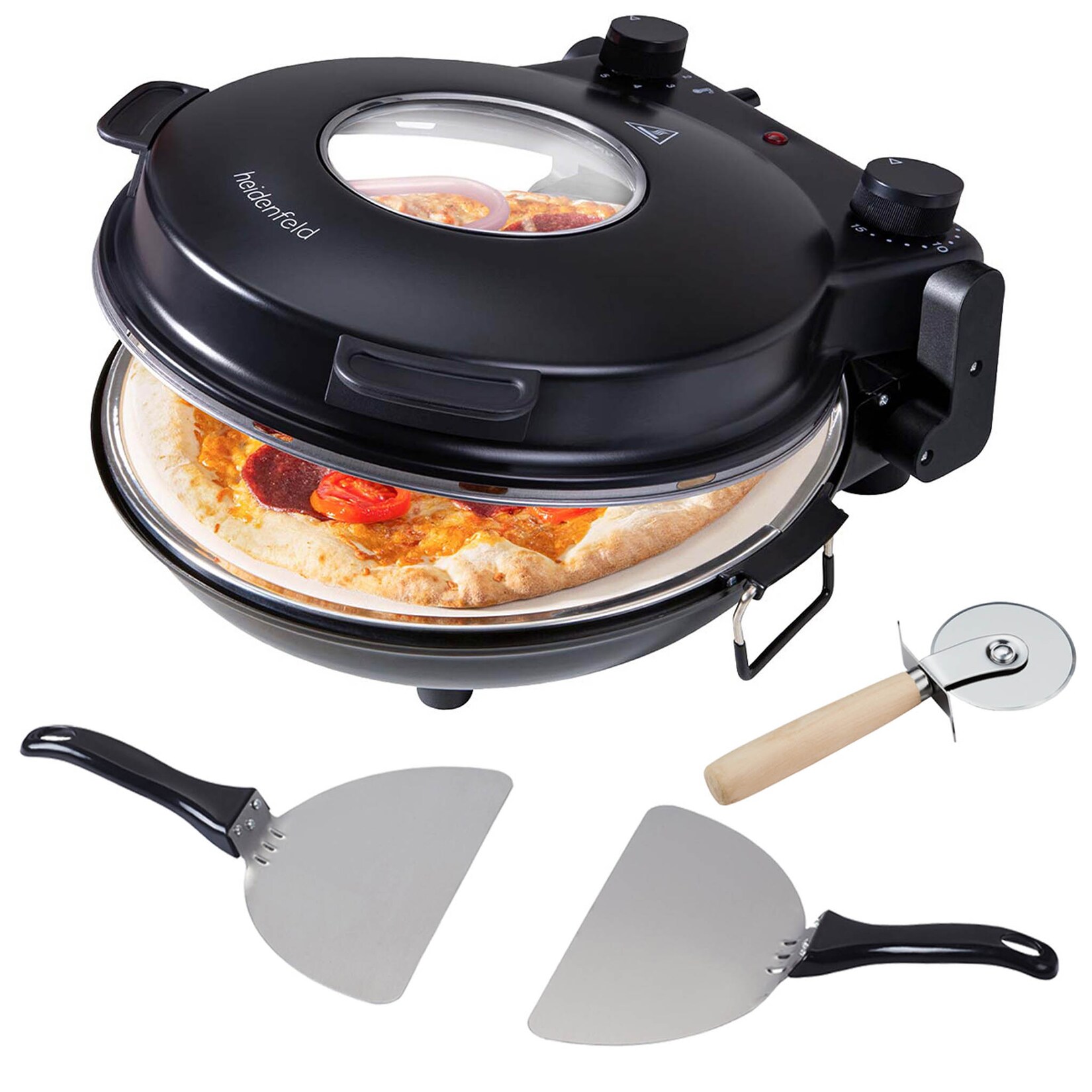 Heidenfeld elektrischer Pizzaofen Napoli, 1200 Watt, 400°, Sichtfenster, Pizzastein (Schwarz) | 04056551192745