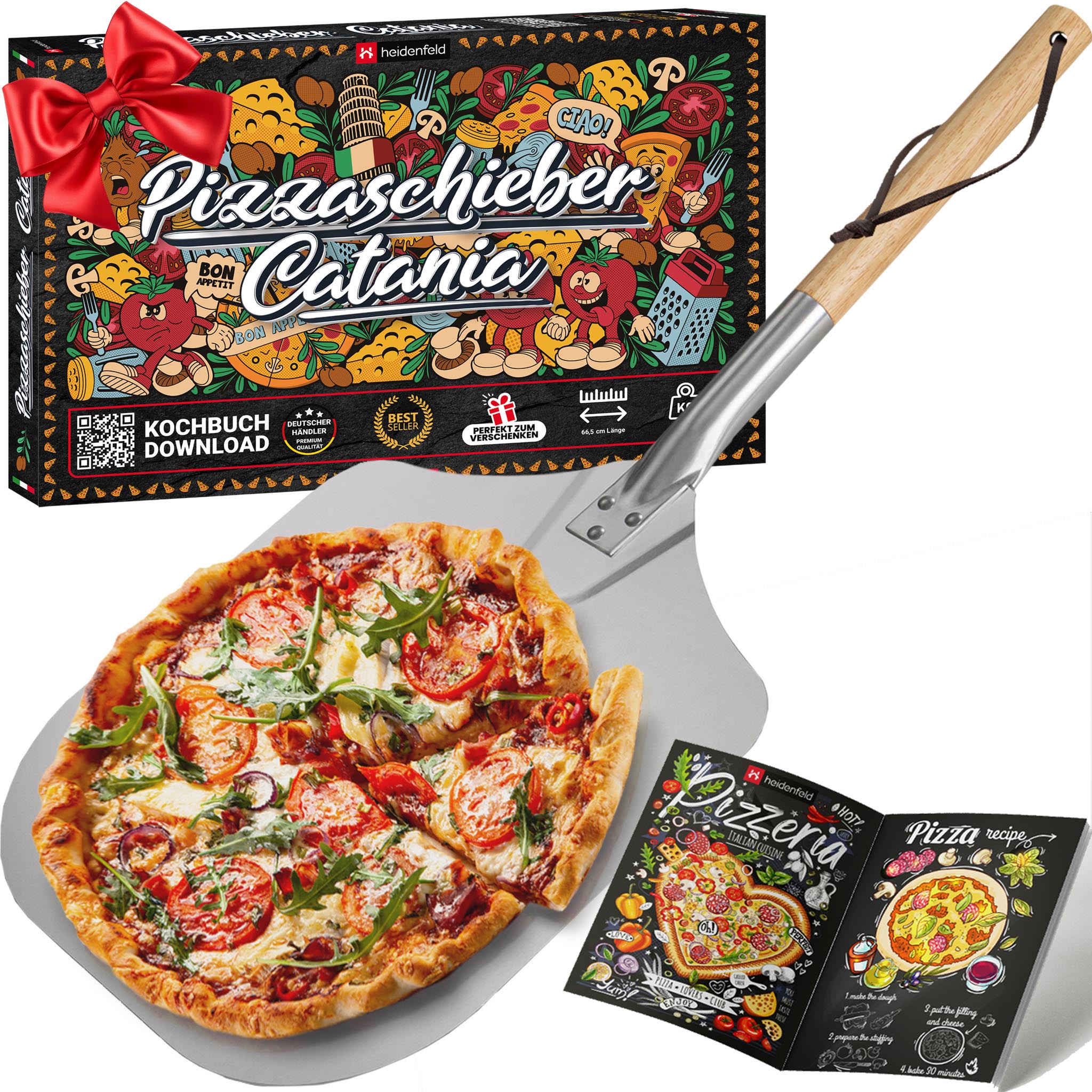 Heidenfeld Pizzaschieber Catania, Holz, Aluminium, 30,5 cm, Pizzaschaufel mit abnehmbarem Holzgriff - Bild 1
