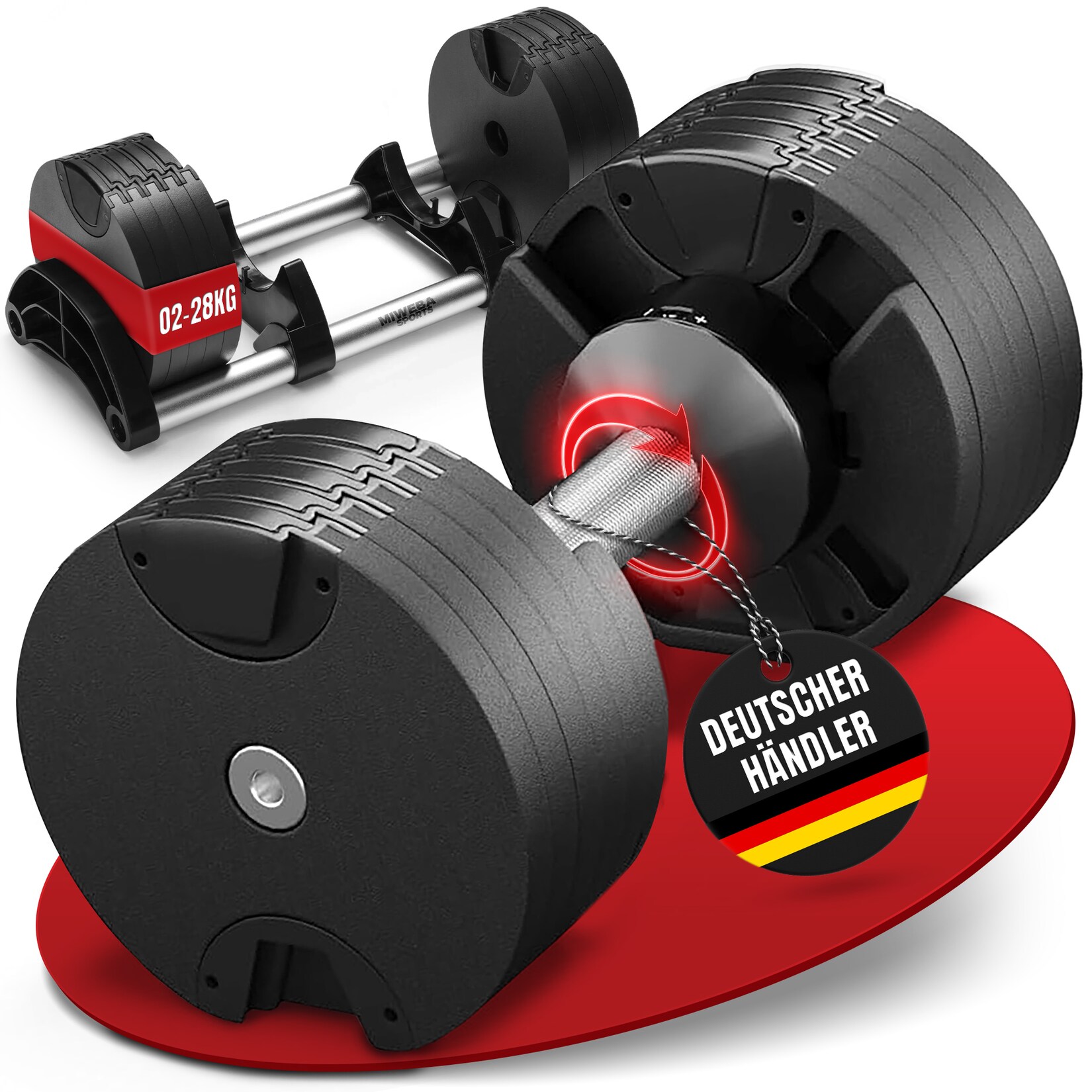Miweba Sports verstellbare Kurzhantel VH200, Stahl, 2-28 kg, Hantelstange mit Profil, Halte-Gestell (28 kg)
