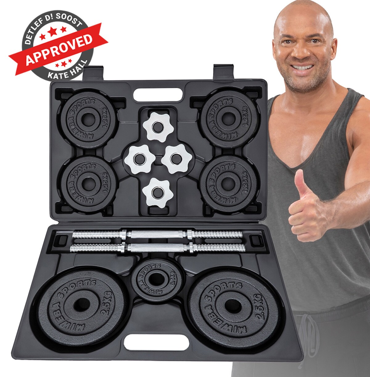 Miweba Sports Kurzhantel-Set MKH120, 20kg, Hantelkoffer, Gewichte aus Gusseisen, Stahl-Hantelstange (Mit Koffer)