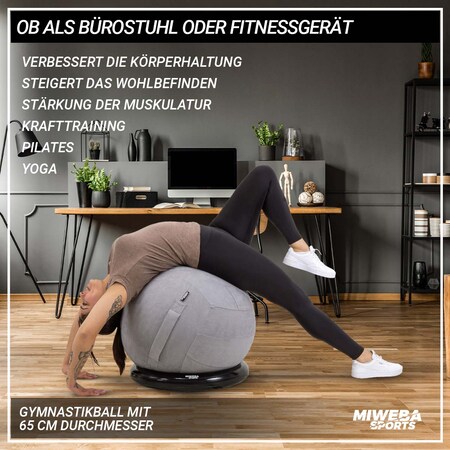 Miweba Sports 4in1-Gymnastikball-Set, Sitzball, 65 cm, Ballschale