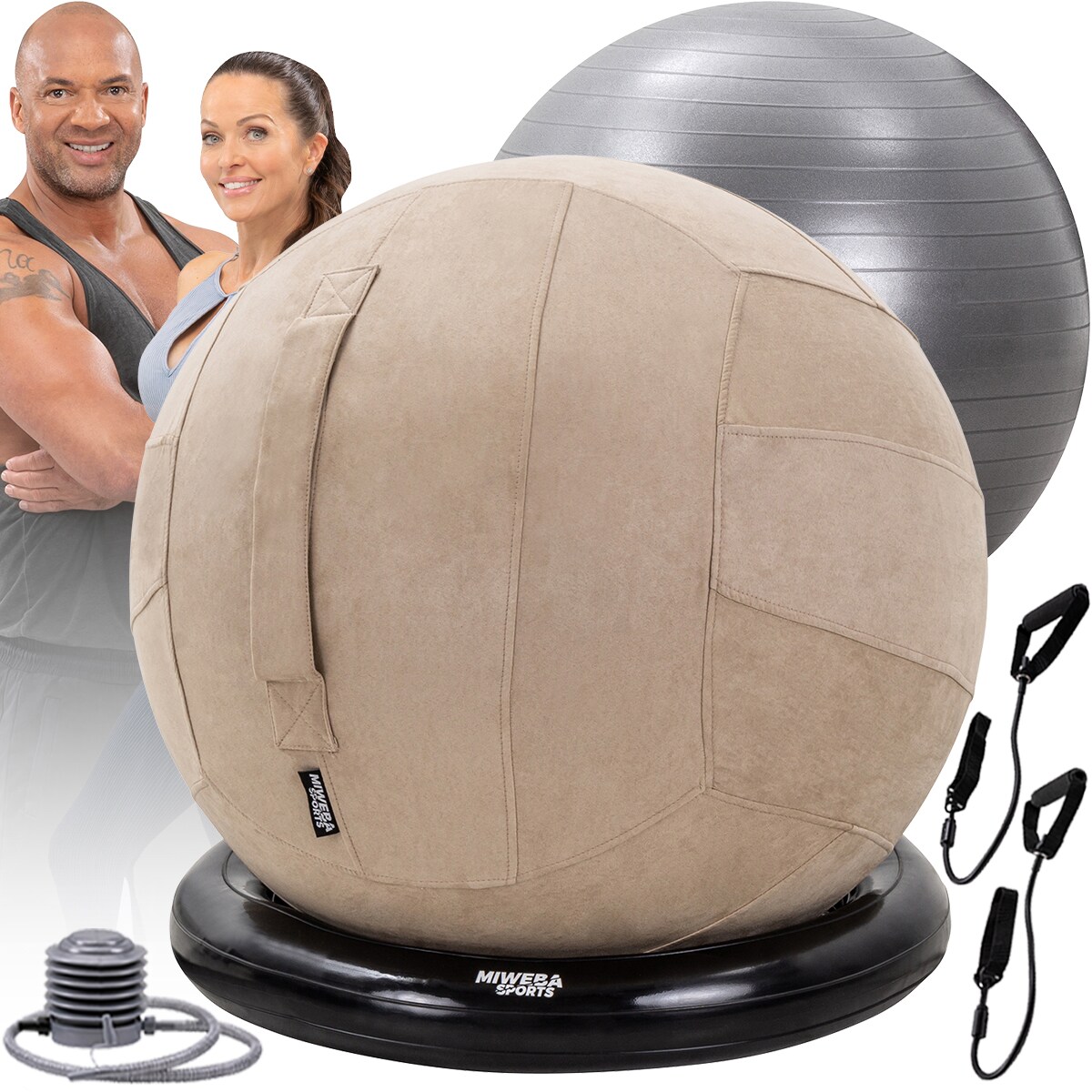 Miweba Sports 4in1-Gymnastikball-Set, Sitzball, 65 cm, Ballschale, Pumpe, Bezug, Schlingentrainer (Beige)