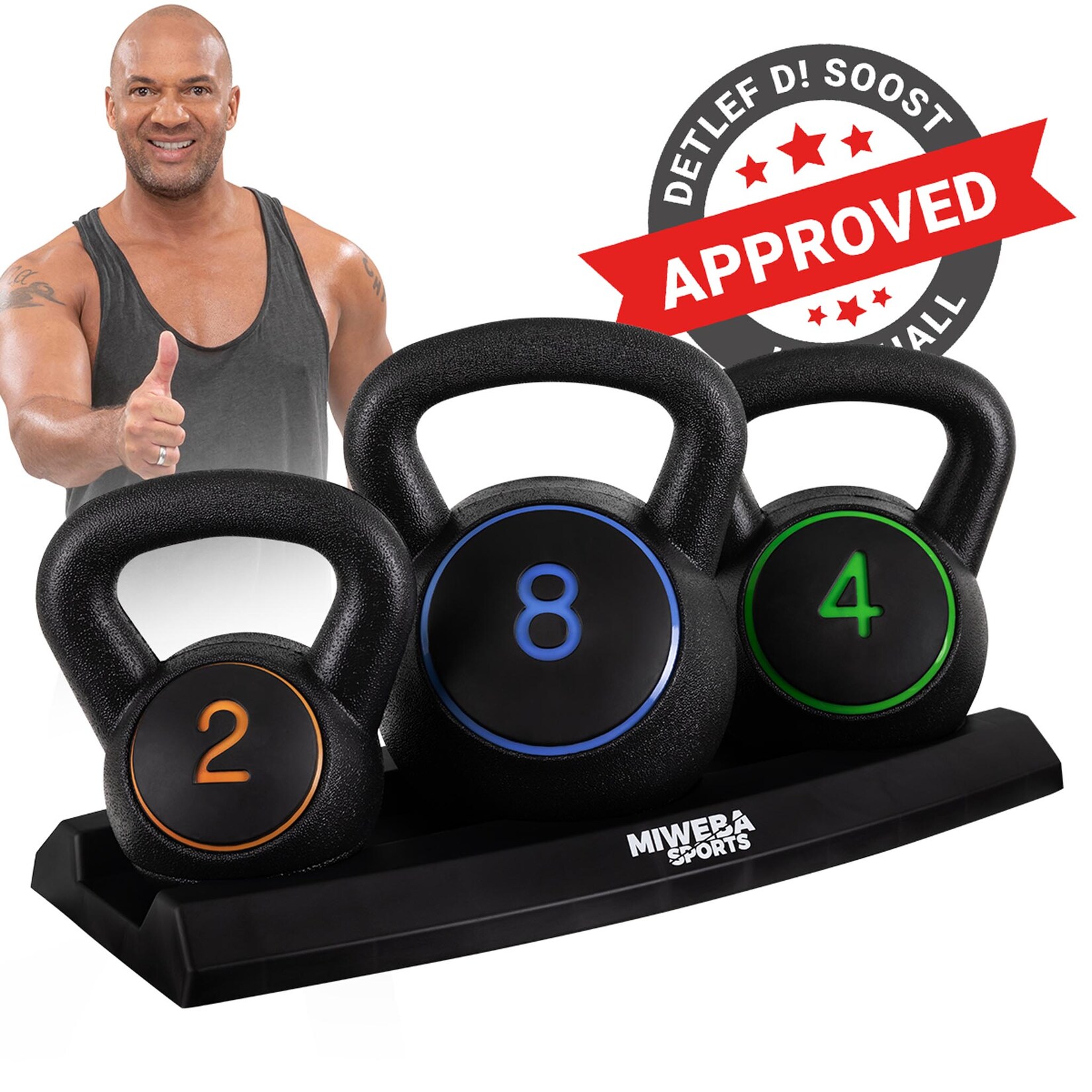 Miweba Sports Kettlebell-Set, 2-7 kg, Kettlebell-Ablage, Kugelhantel Indoor und Outdoor, Betonfüllung (2 - 8 kg)